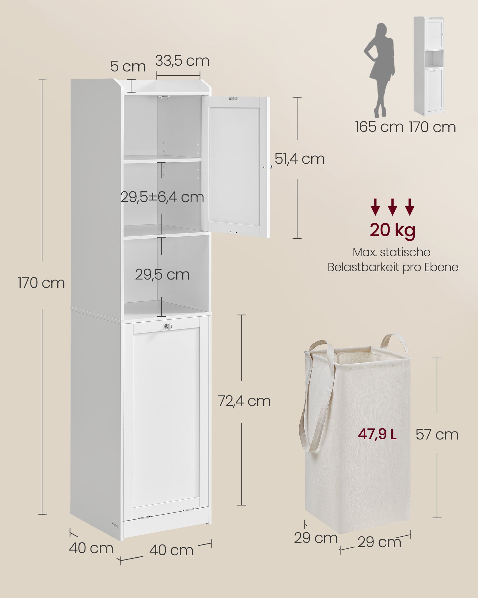 Bathroom cabinet - with laundry basket - 40 × 40 × 170 cm