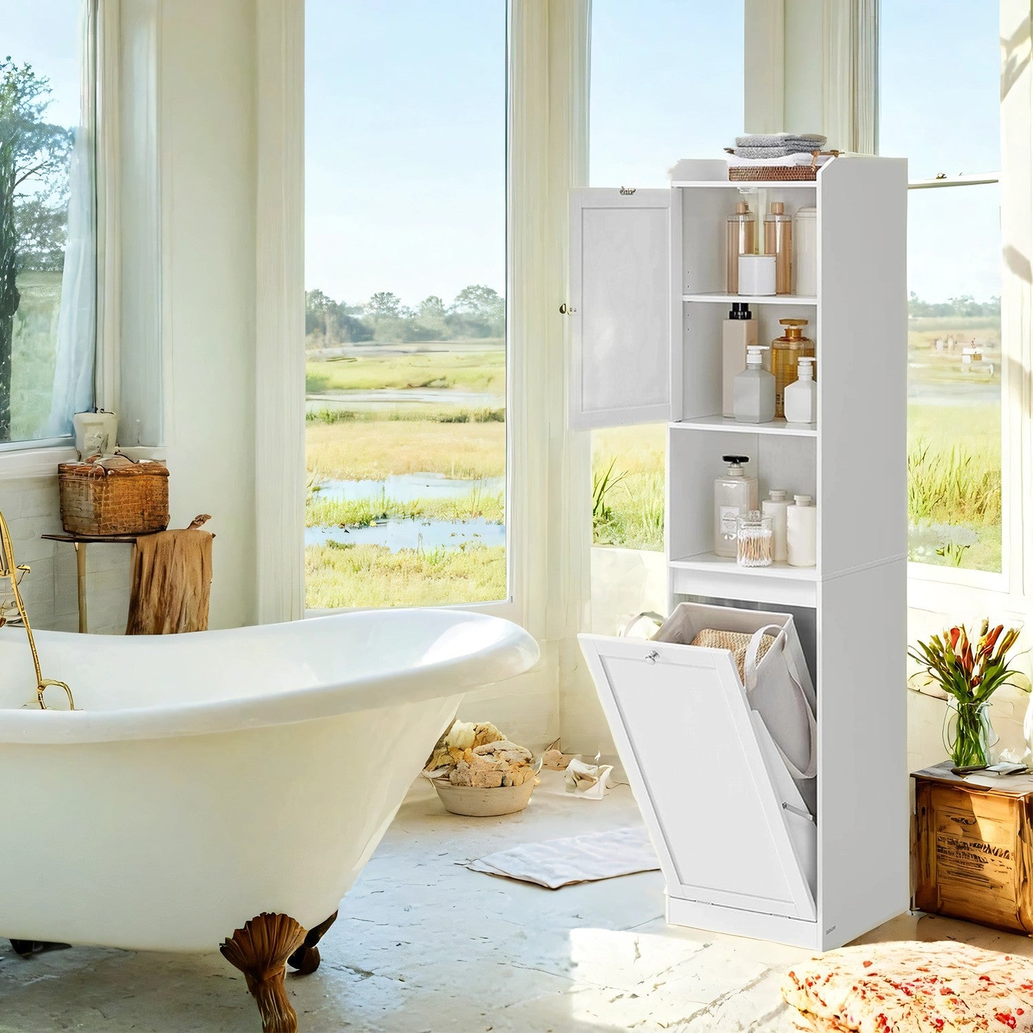 Bathroom cabinet - with laundry basket - 40 x 40 x 170 cm