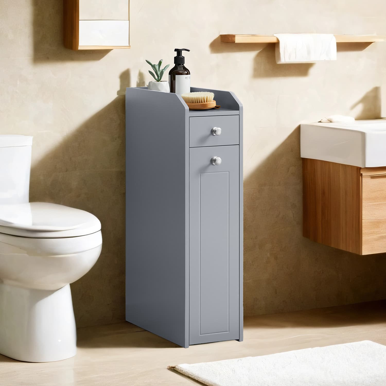 Bathroom cabinet - narrow cupboard for toilet paper, compact design