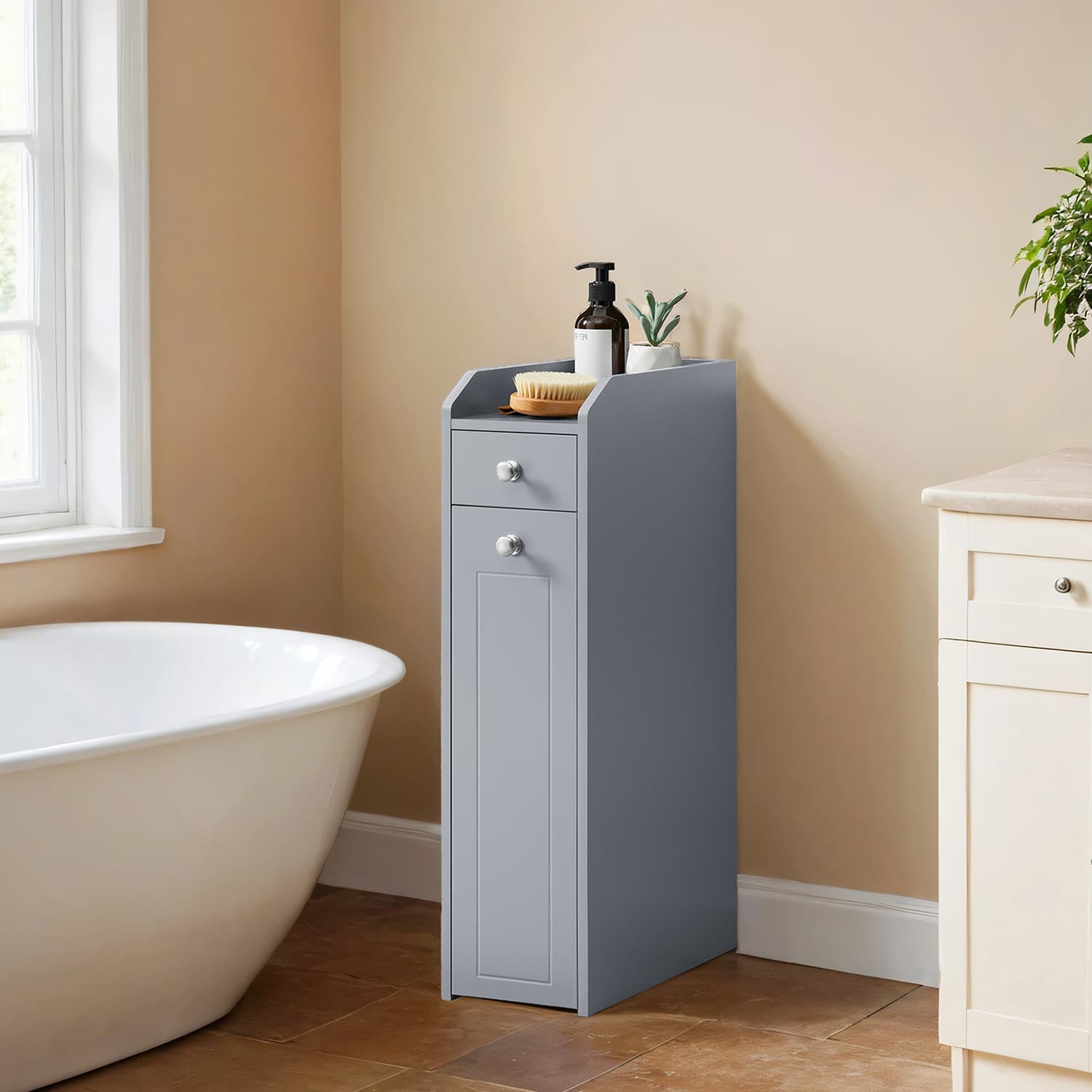Bathroom cabinet - narrow cupboard for toilet paper, compact design