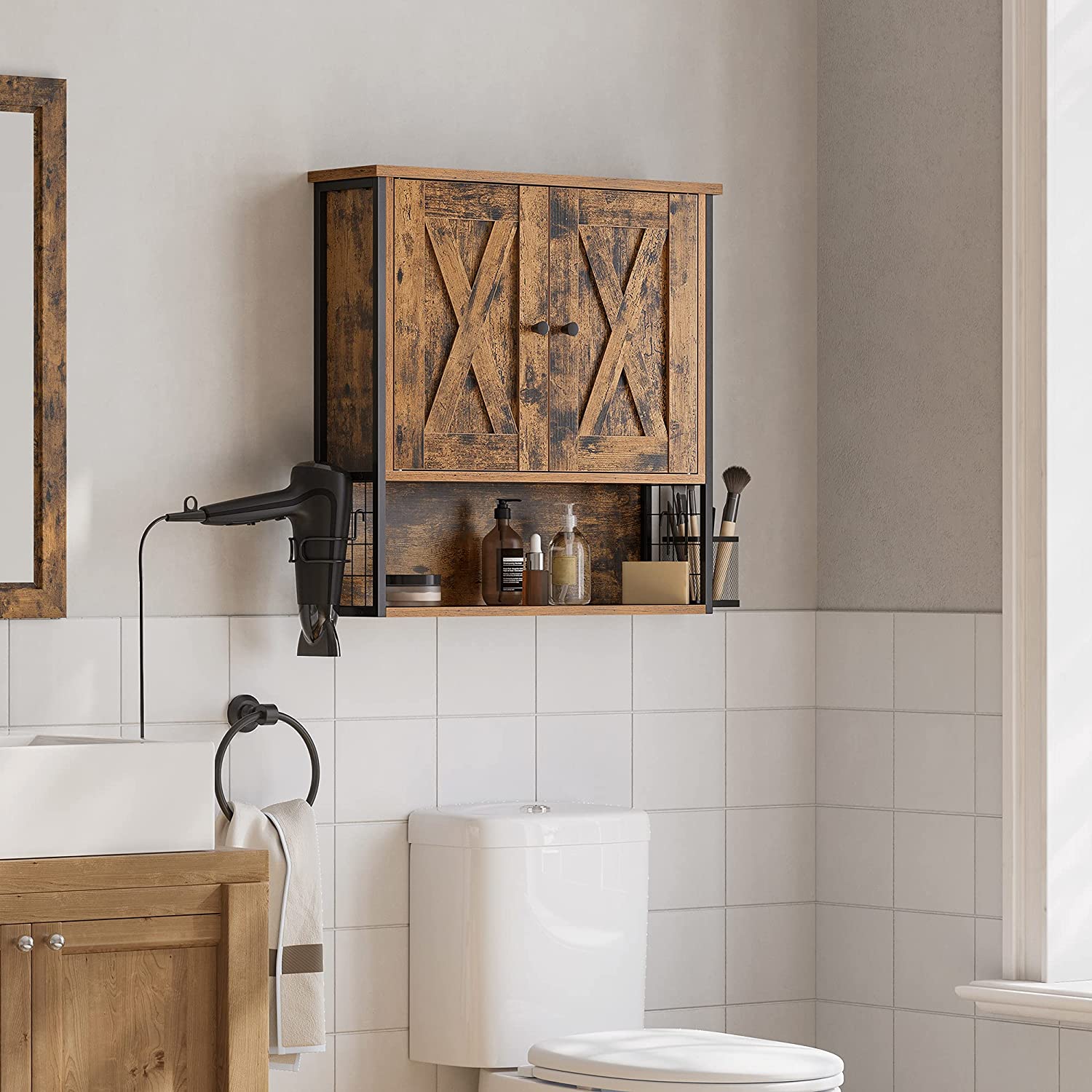 Bathroom cabinet - Wall cabinet - Storage cupboard - With 2 doors - Adjustable shelves - Brown