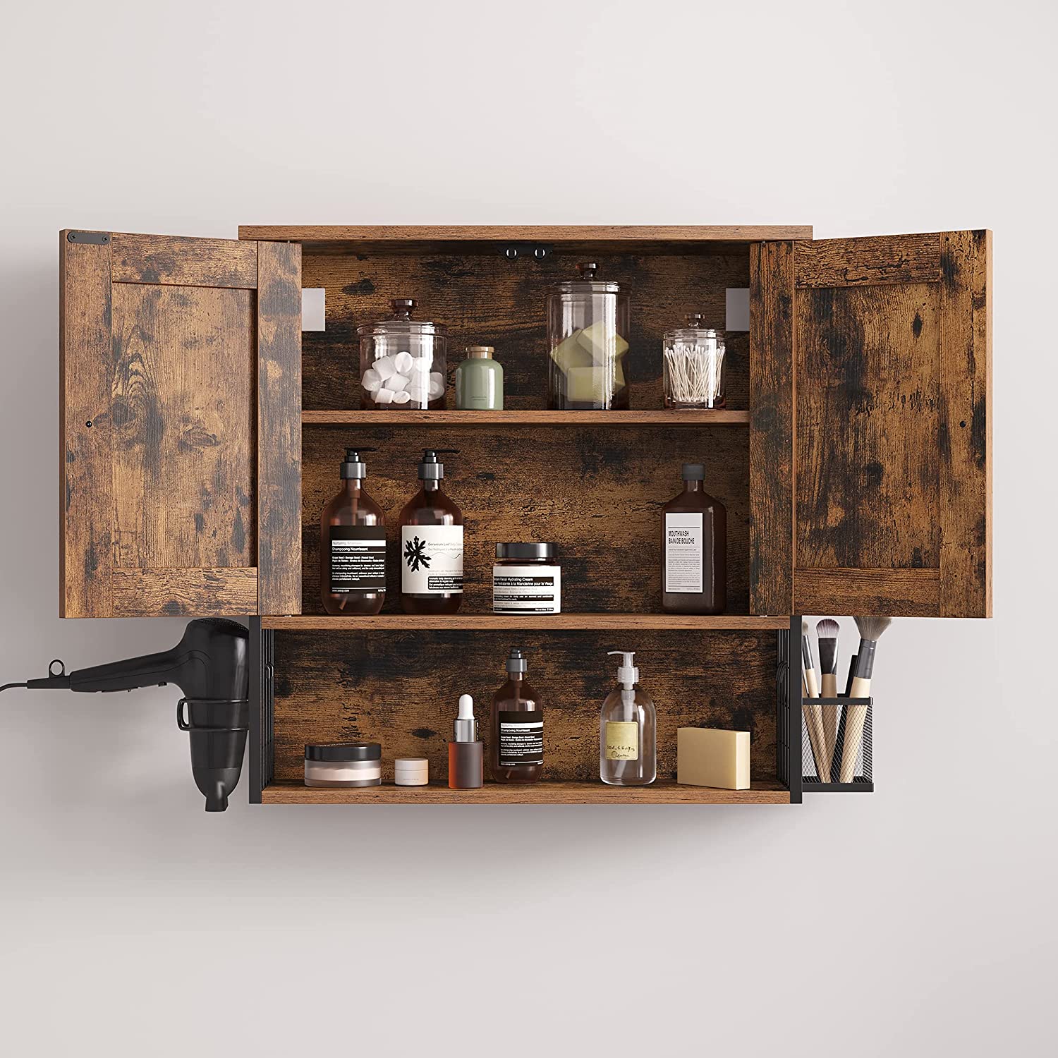 Bathroom cabinet - Wall cabinet - Storage cupboard - With 2 doors - Adjustable shelves - Brown