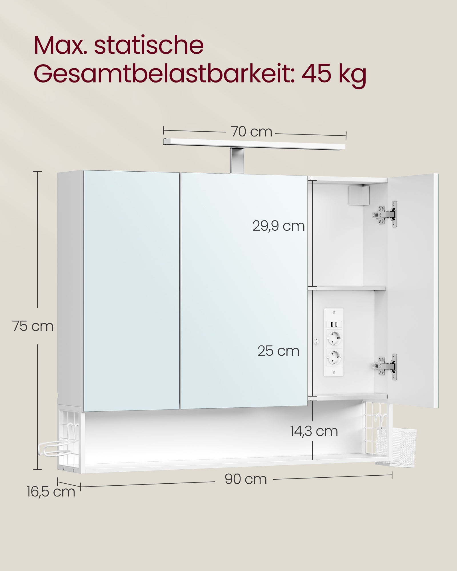 Bathroom furniture with 3 doors - 16.5 x 90 x 75 cm - Cloudy White
