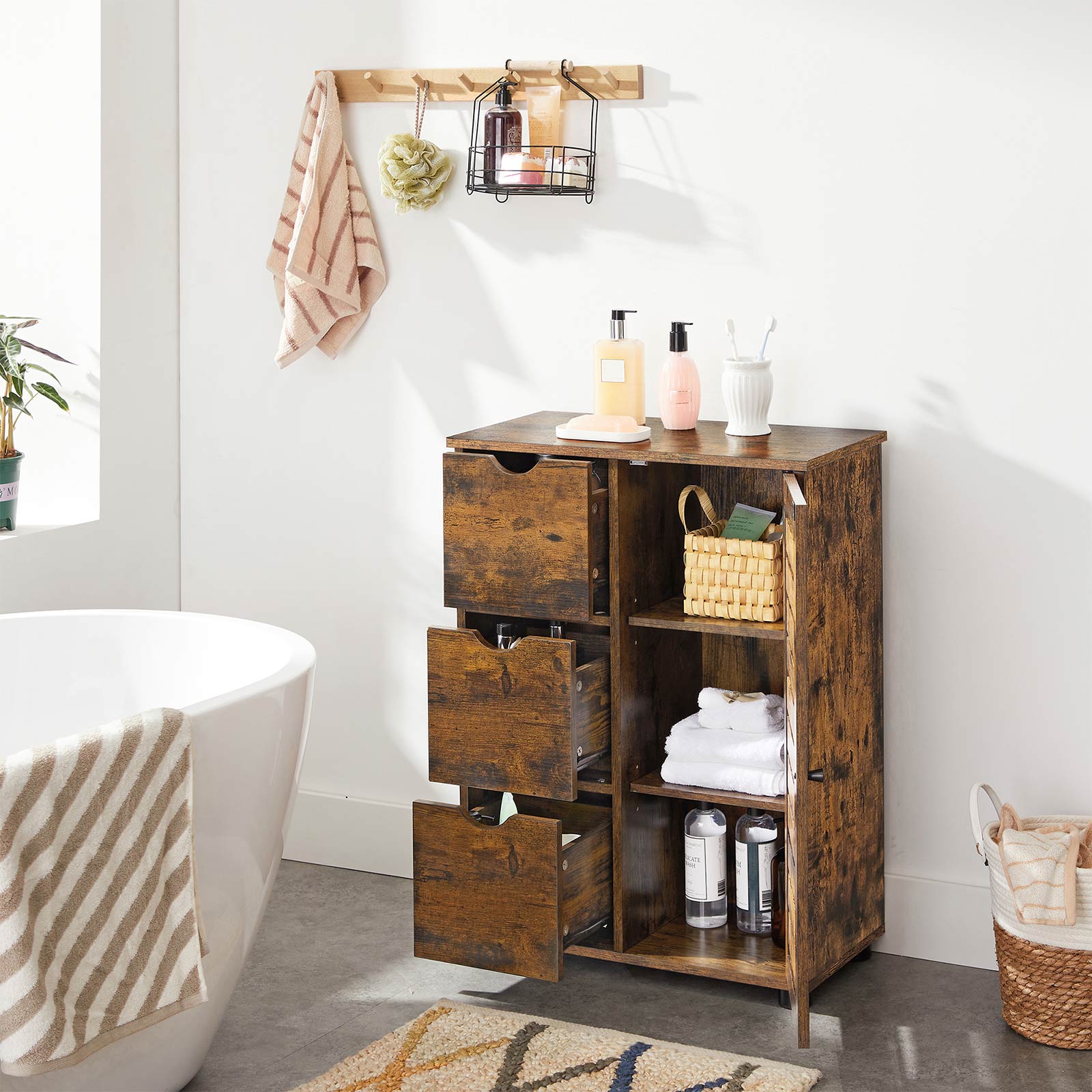 Bathroom furniture - Storage cupboard - 3 drawers - 2 adjustable shelves - Brown