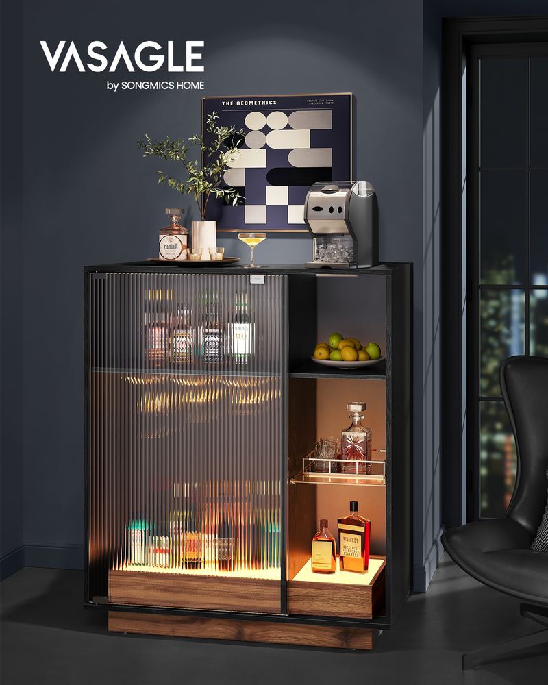 Wine cabinet - Beverage cabinet - With lighting and canaled glass door - Wood - Black