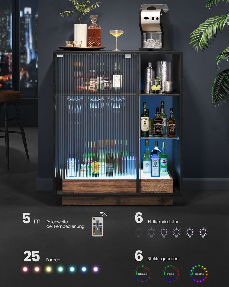 Wine cabinet - Beverage cabinet - With lighting and canaled glass door - Wood - Black