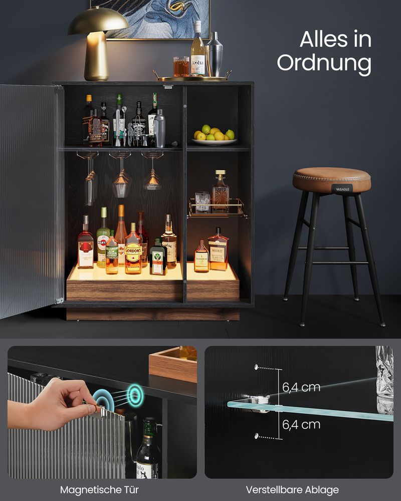 Wine cabinet - Beverage cabinet - With lighting and canaled glass door - Wood - Black