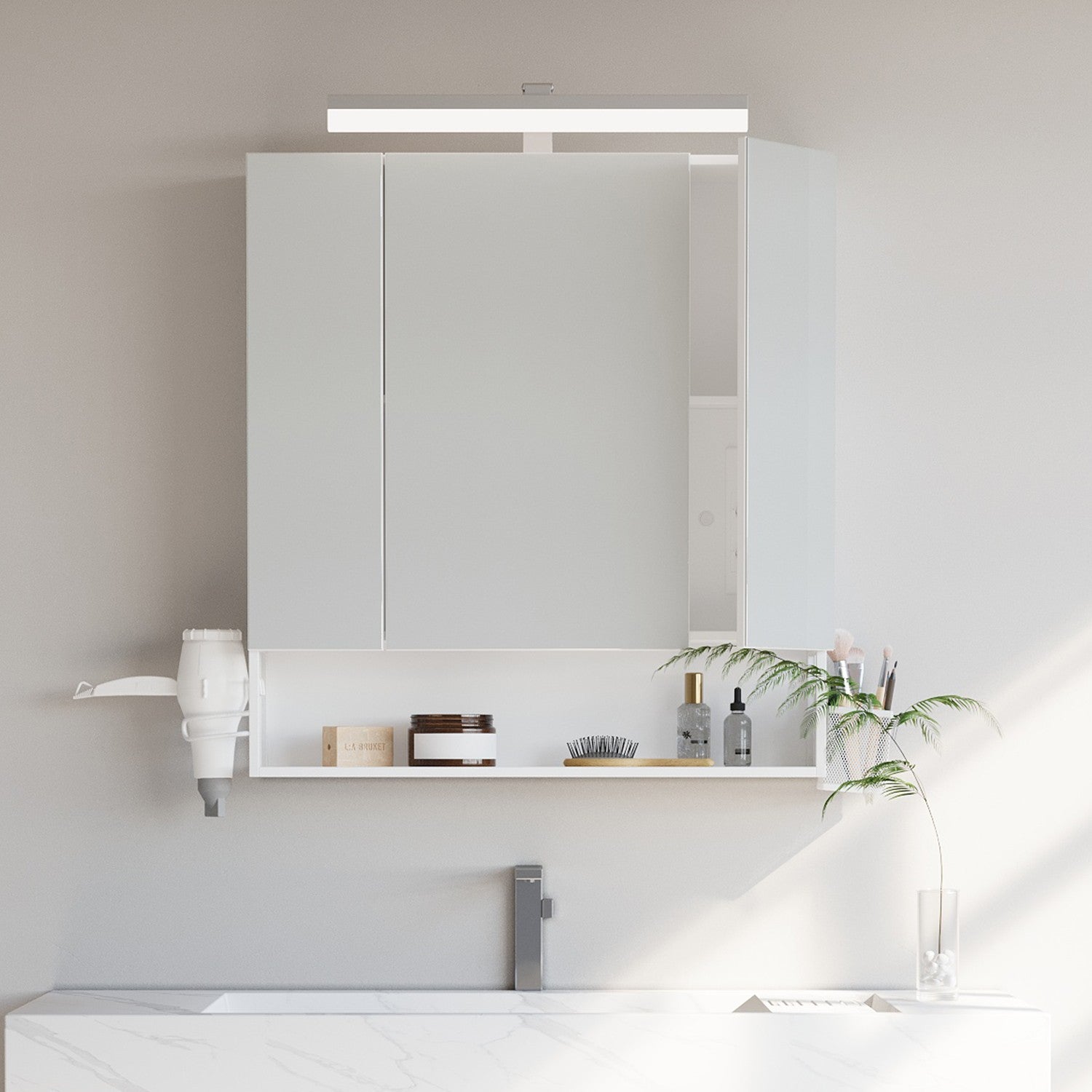 Bathroom furniture with LED lighting, sockets, hanging basket