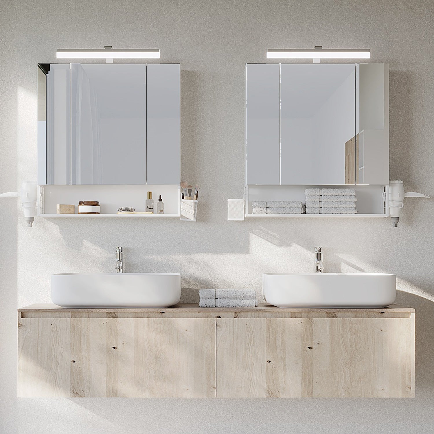 Bathroom furniture with LED lighting, sockets, hanging basket