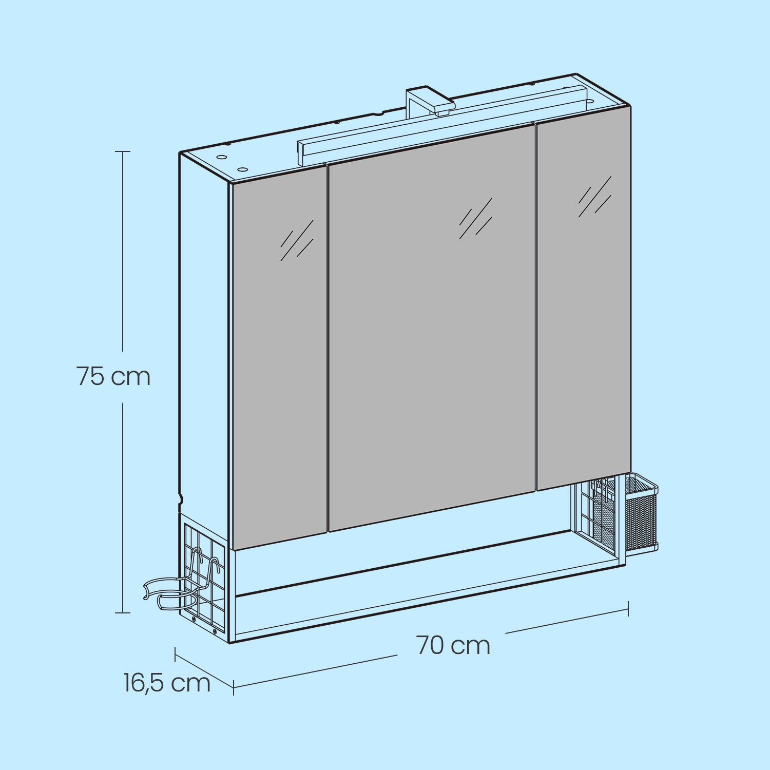Bathroom furniture with LED lighting, sockets, hanging basket