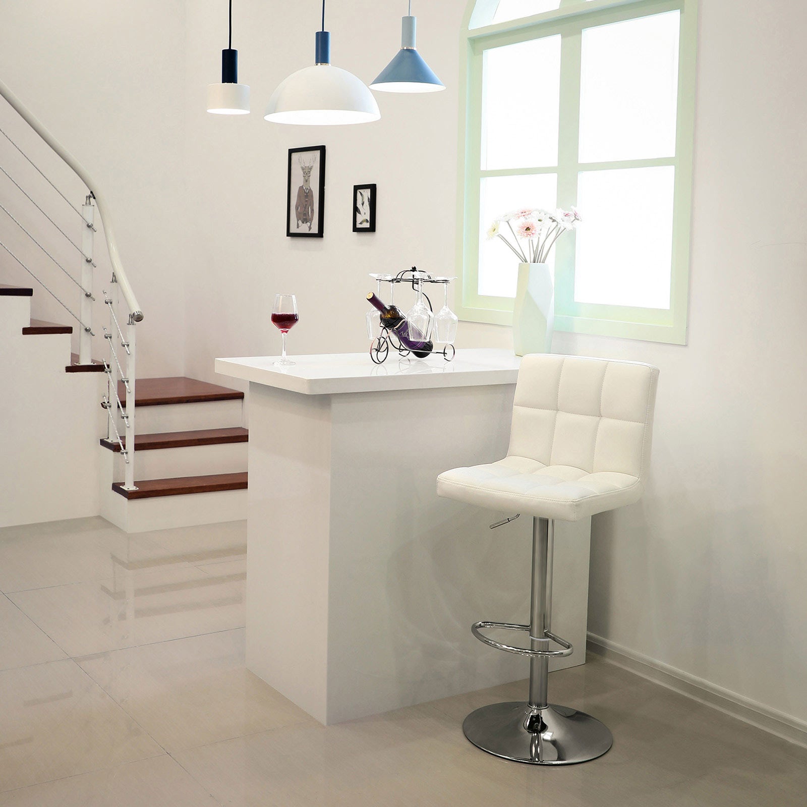 Bar stools - Set of 2 - with backrest - Quilted seat - White