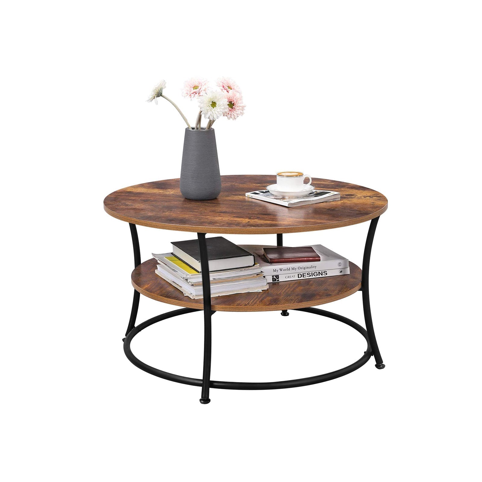 Coffee table - Round side table with 2 shelves - Metal frame