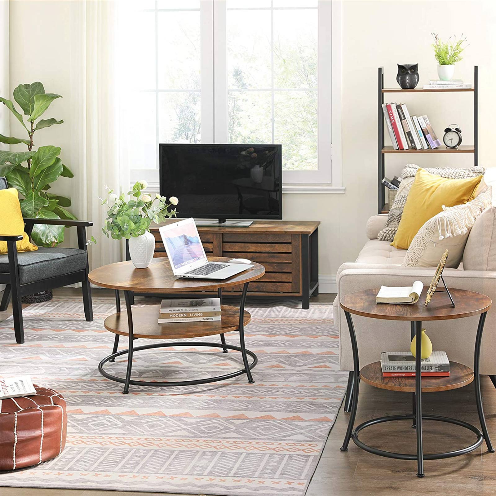 Coffee table - Round side table with 2 shelves - Metal frame
