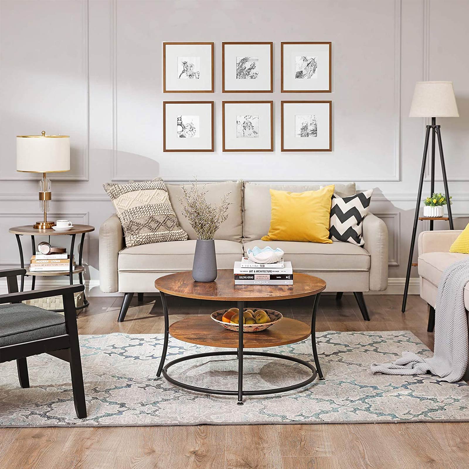 Coffee table - Round side table with 2 shelves - Metal frame