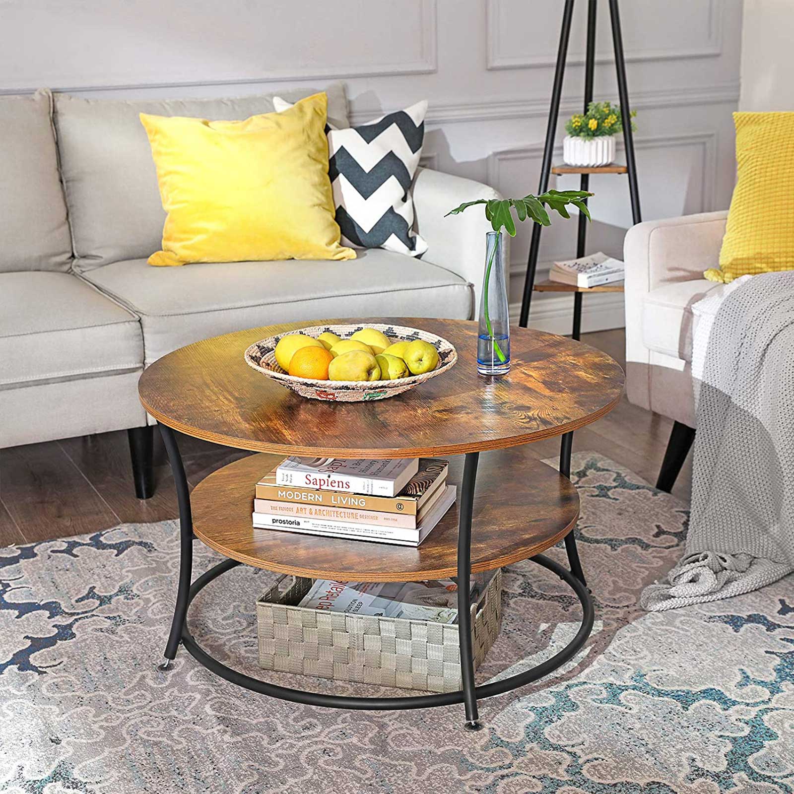 Coffee table - Round side table with 2 shelves - Metal frame