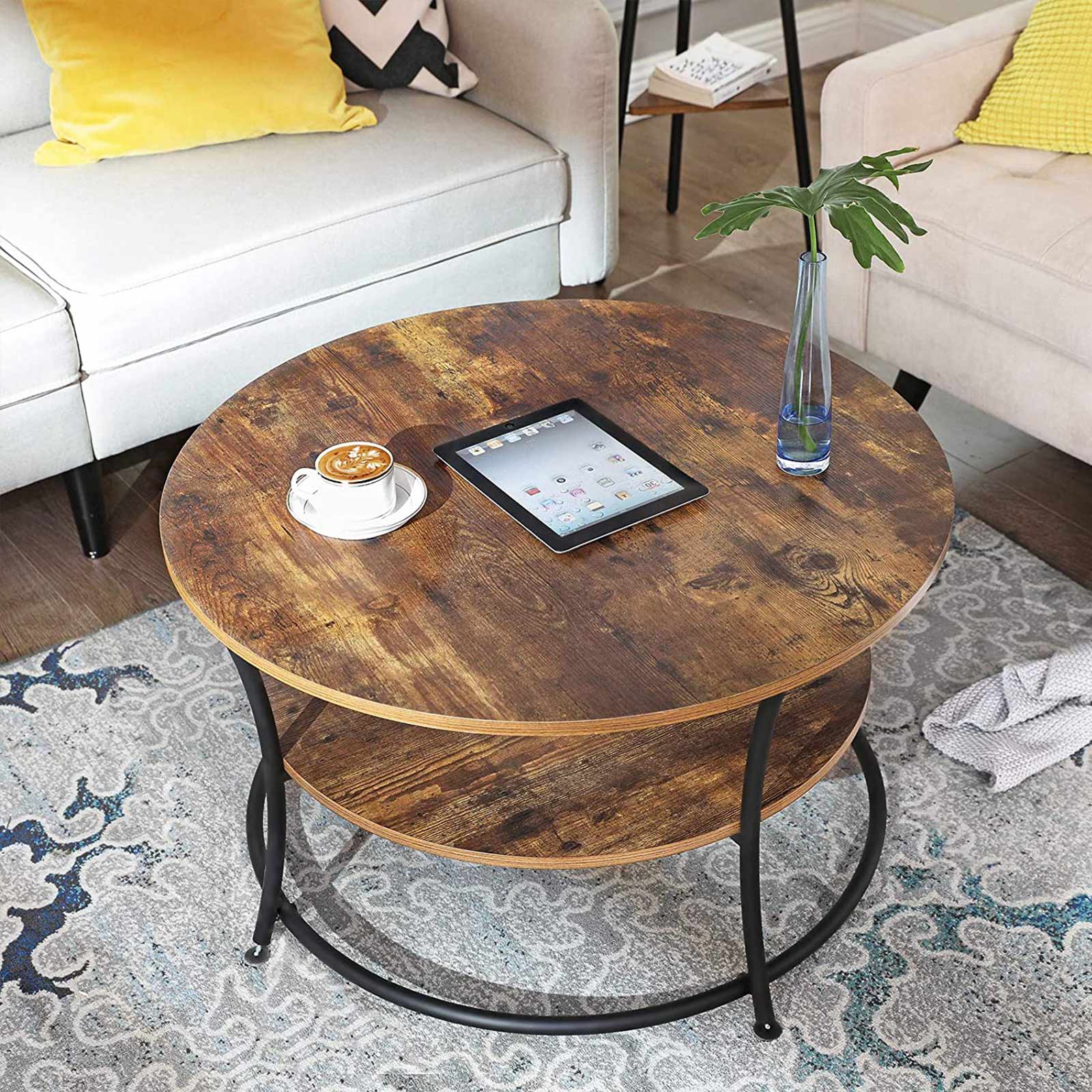 Coffee table - Round side table with 2 shelves - Metal frame