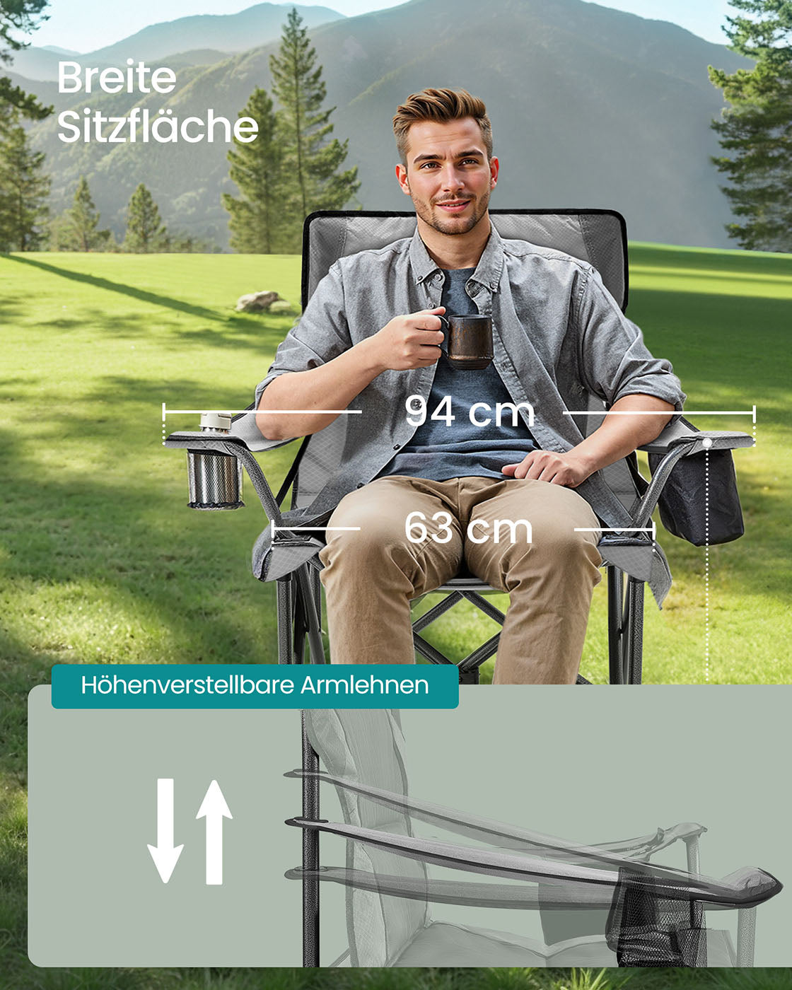 Camping chair with cup holder and foam filling, Leigrijs