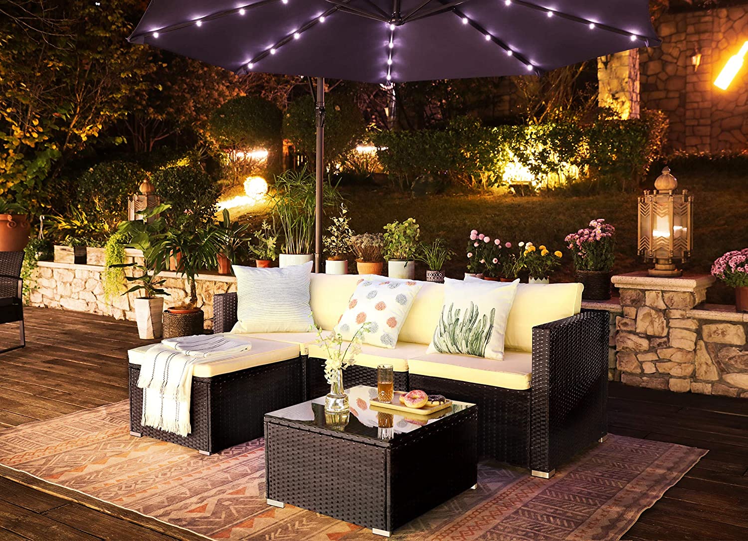 Garden furniture set - Lounge set - Garden bench and table - With pillows - Glass top - Black / Beige