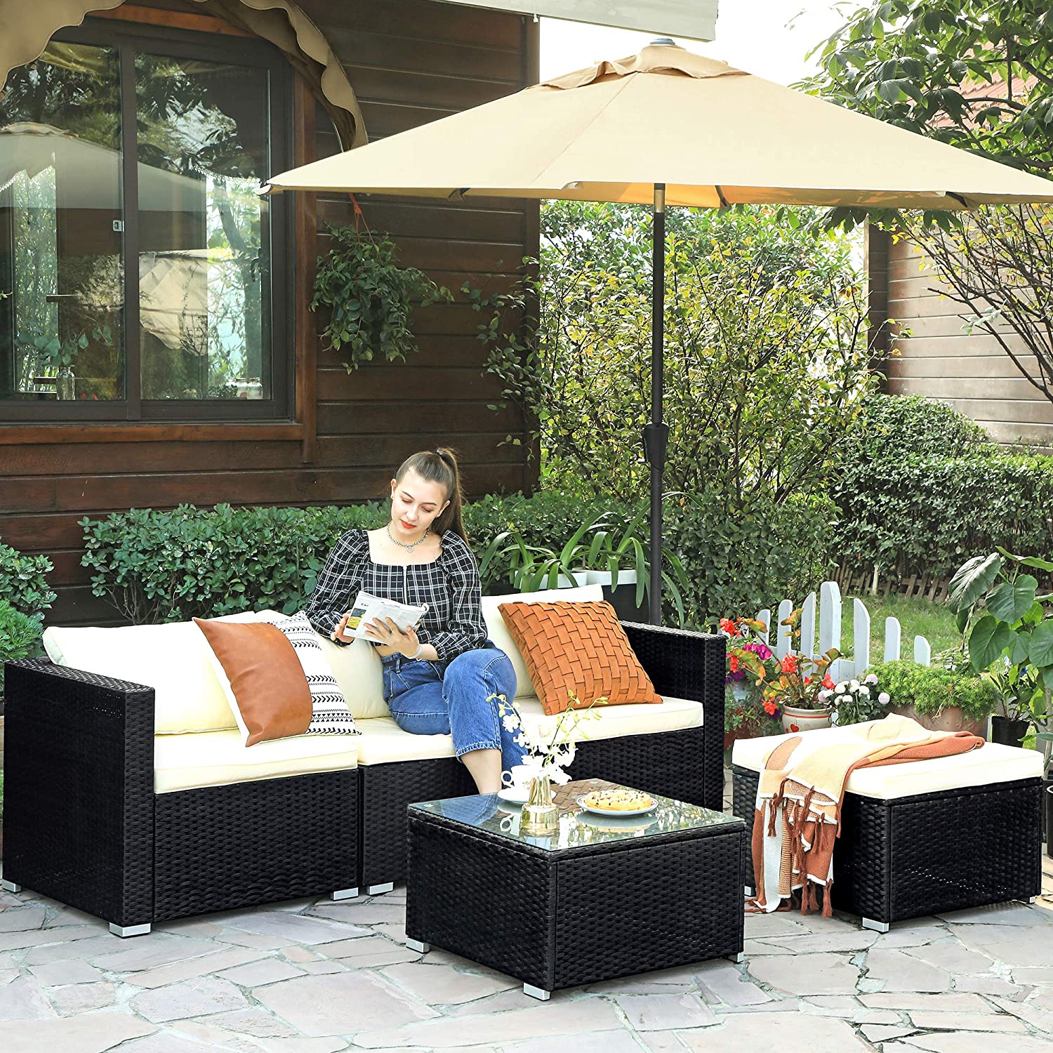 Garden furniture set - Lounge set - Garden bench and table - With pillows - Glass top - Black / Beige