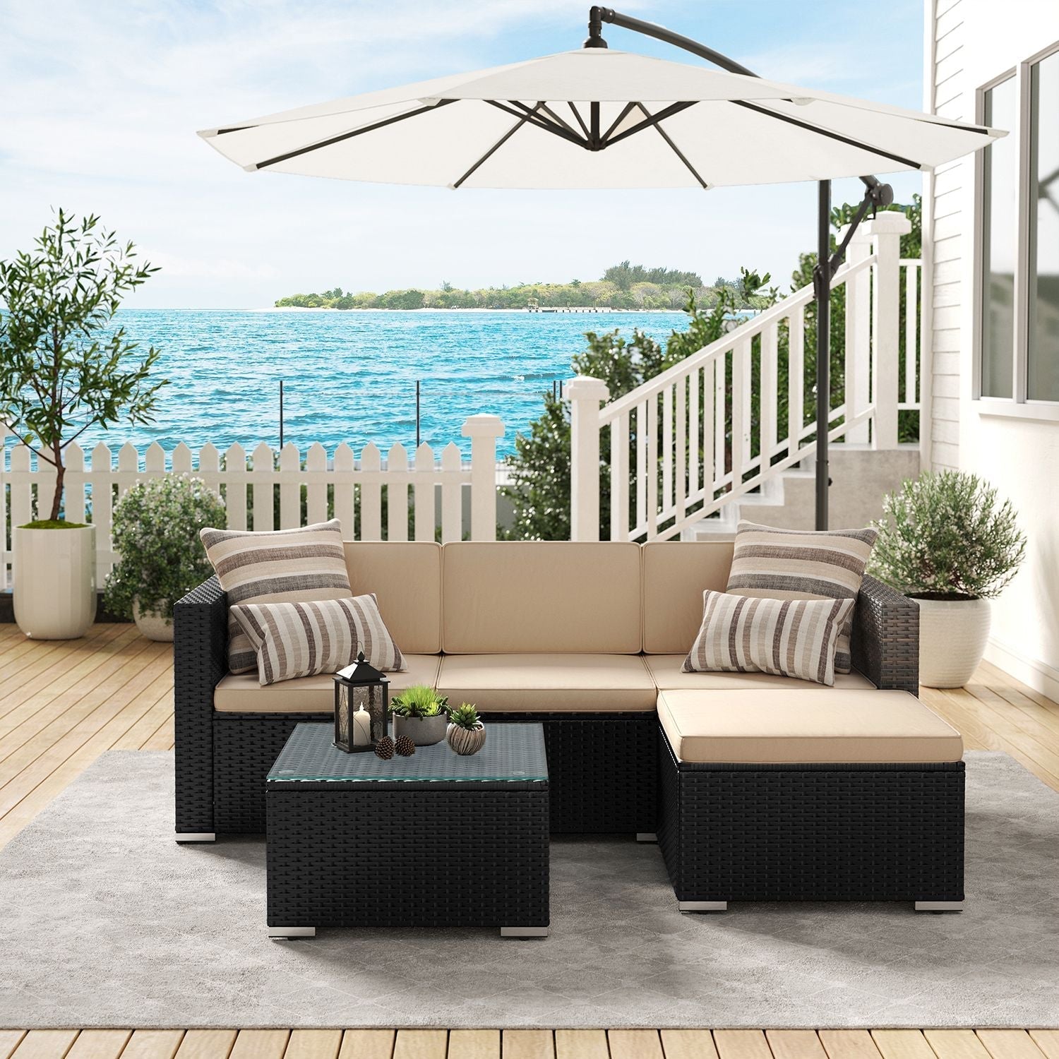 Garden furniture set - Lounge set - Garden bench and table - With pillows - Glass top - Black / Beige