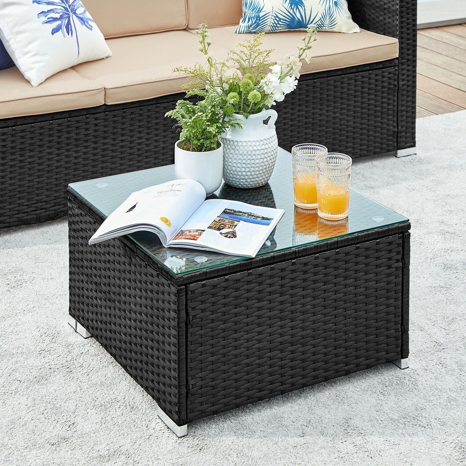 Garden furniture set - Lounge set - Garden bench and table - With pillows - Glass top - Black / Beige