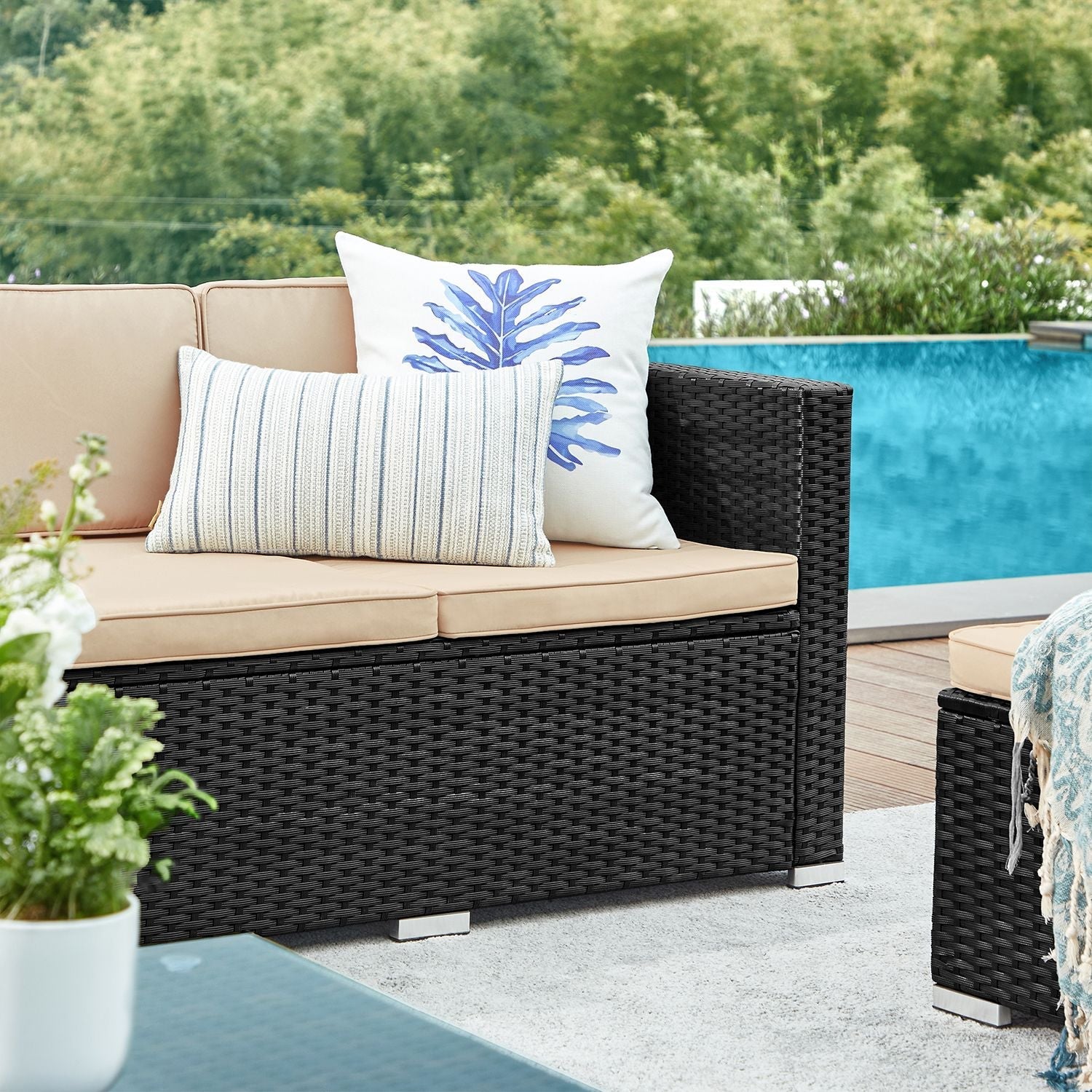 Garden furniture set - Lounge set - Garden bench and table - With pillows - Glass top - Black / Beige