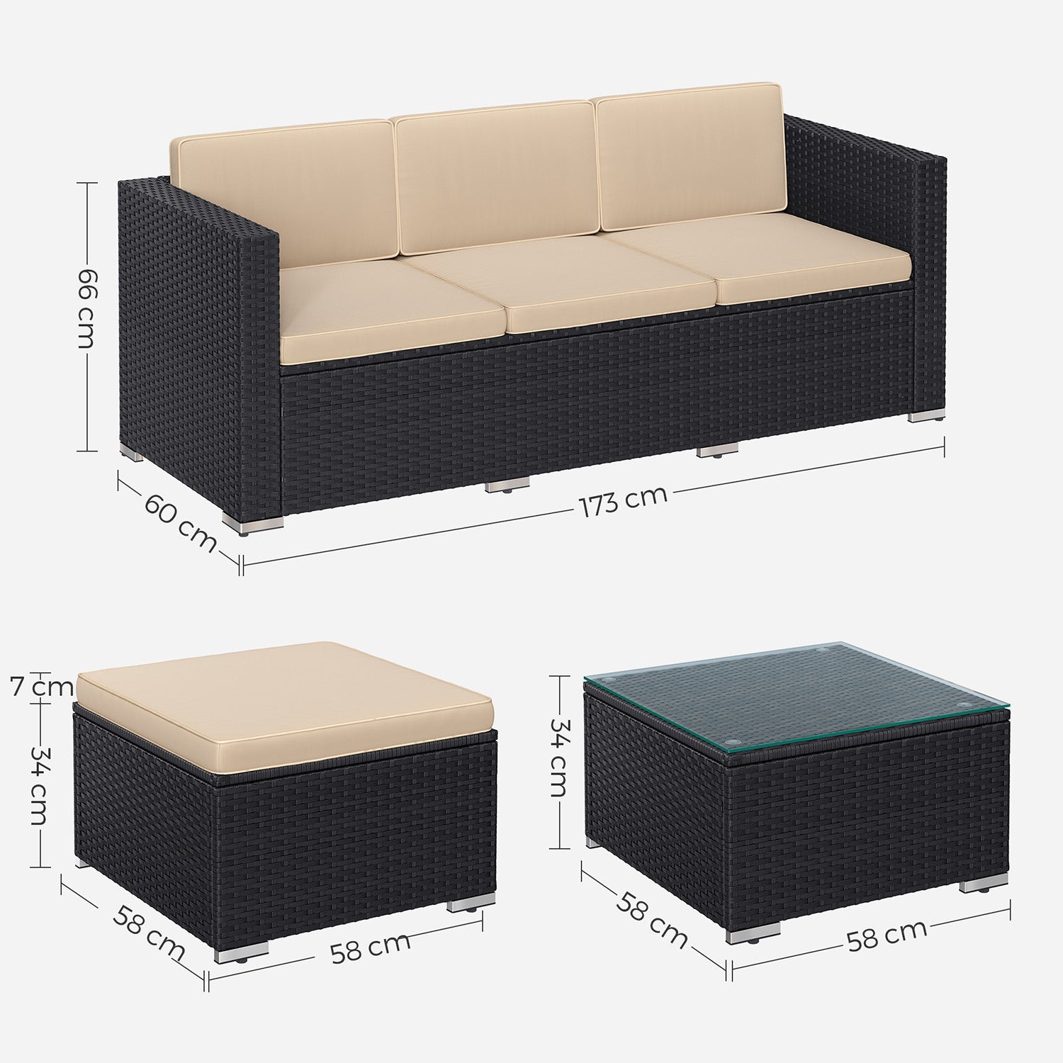 Garden furniture set - Lounge set - Garden bench and table - With pillows - Glass top - Black / Beige