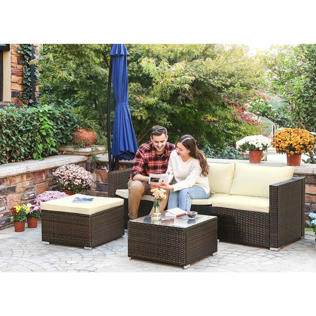 Garden furniture set - Polyrotan Lounge Set - Garden table with glass top - Brown/Beige