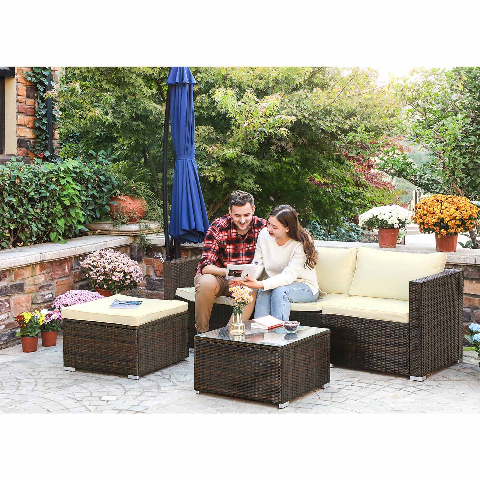 Garden furniture set - Polyrotan Lounge Set - Garden table with glass top - Brown/Beige