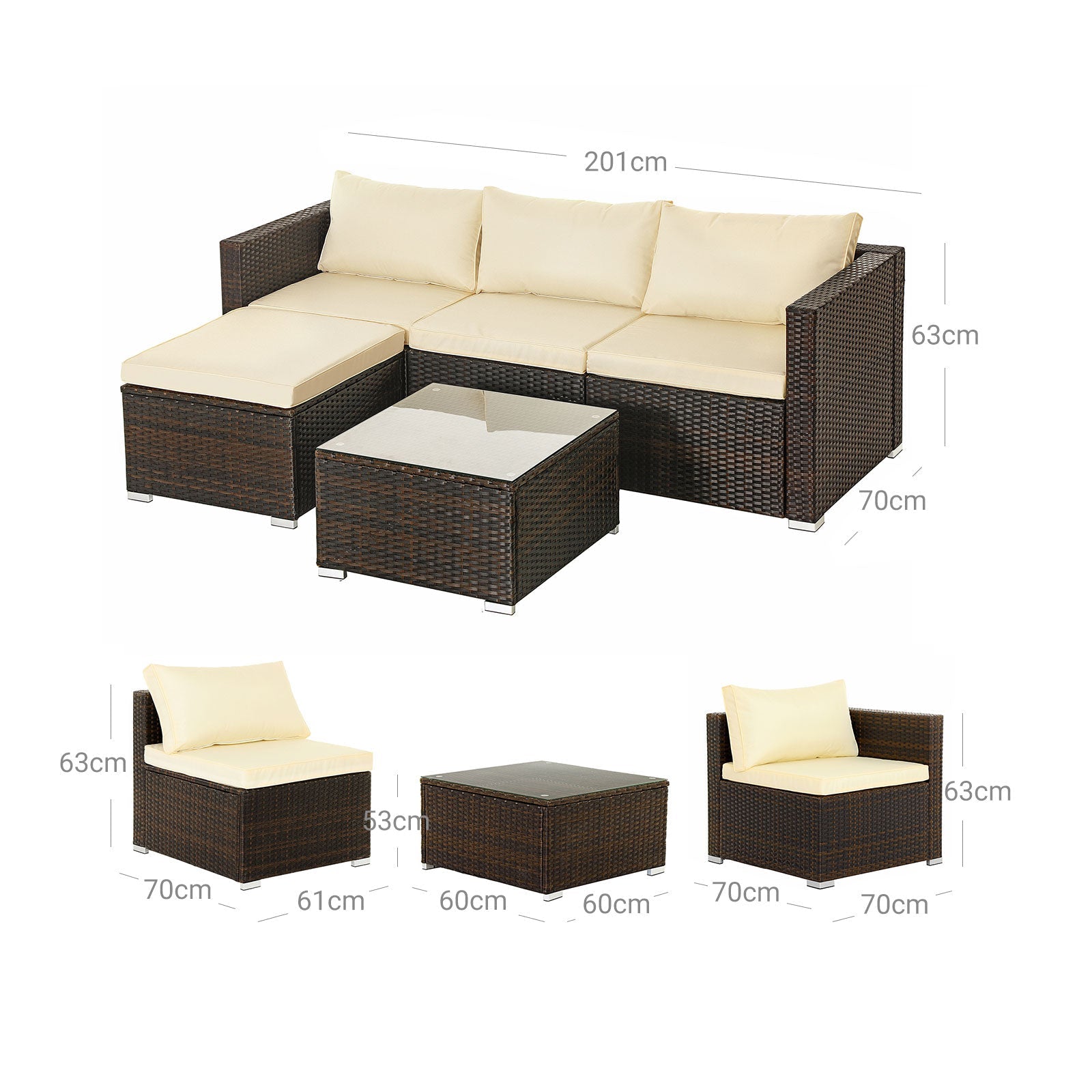 Garden furniture set - Polyrotan Lounge Set - Garden table with glass top - Brown/Beige
