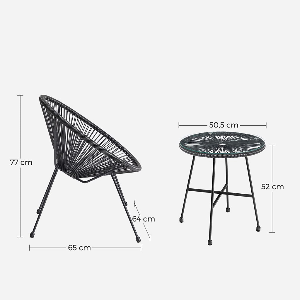 Garden furniture set - Balcony furniture - Set of 3 - Glass table top - 2 chairs - Black