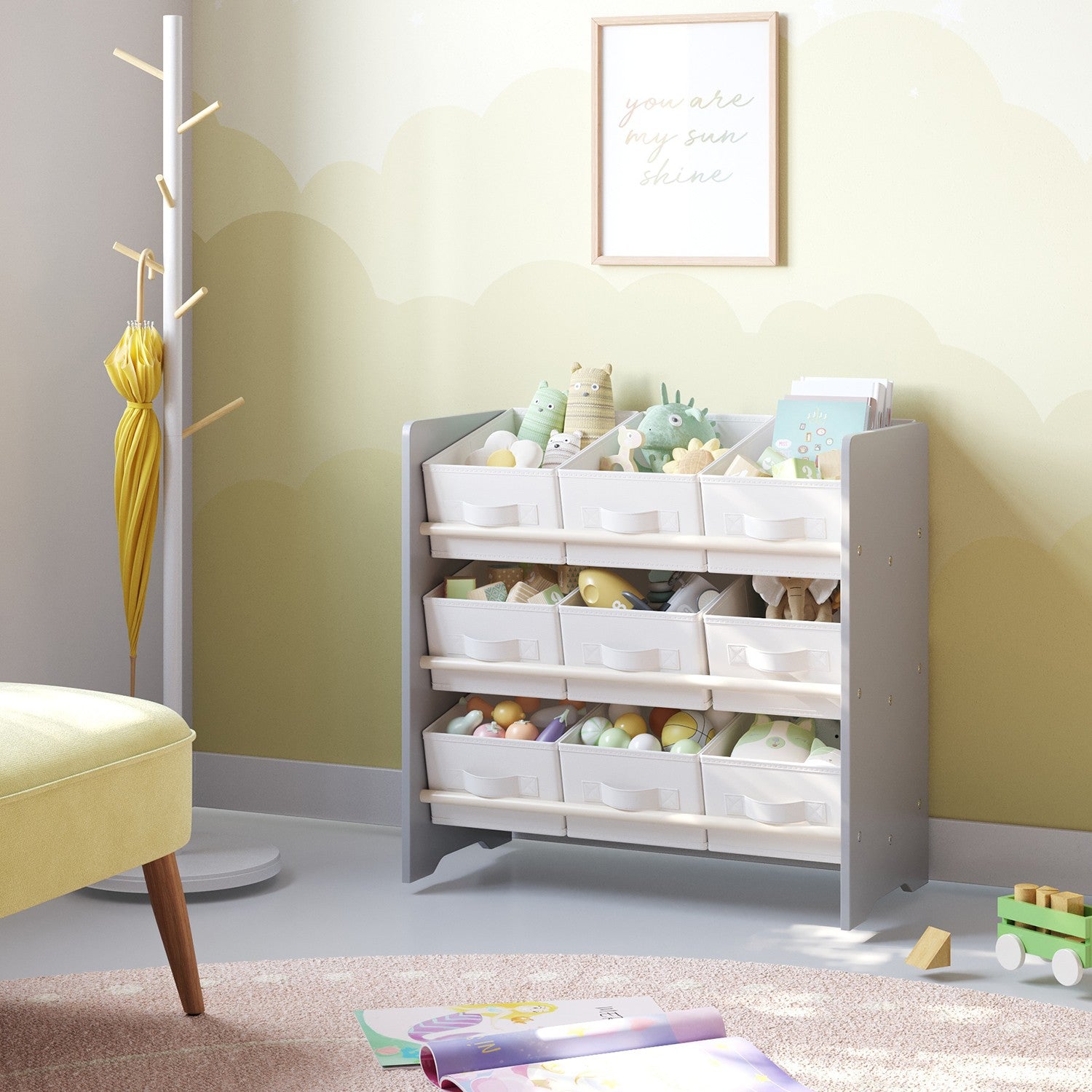 Bookcase with 9 fabric storage boxes - Organizer board with courses