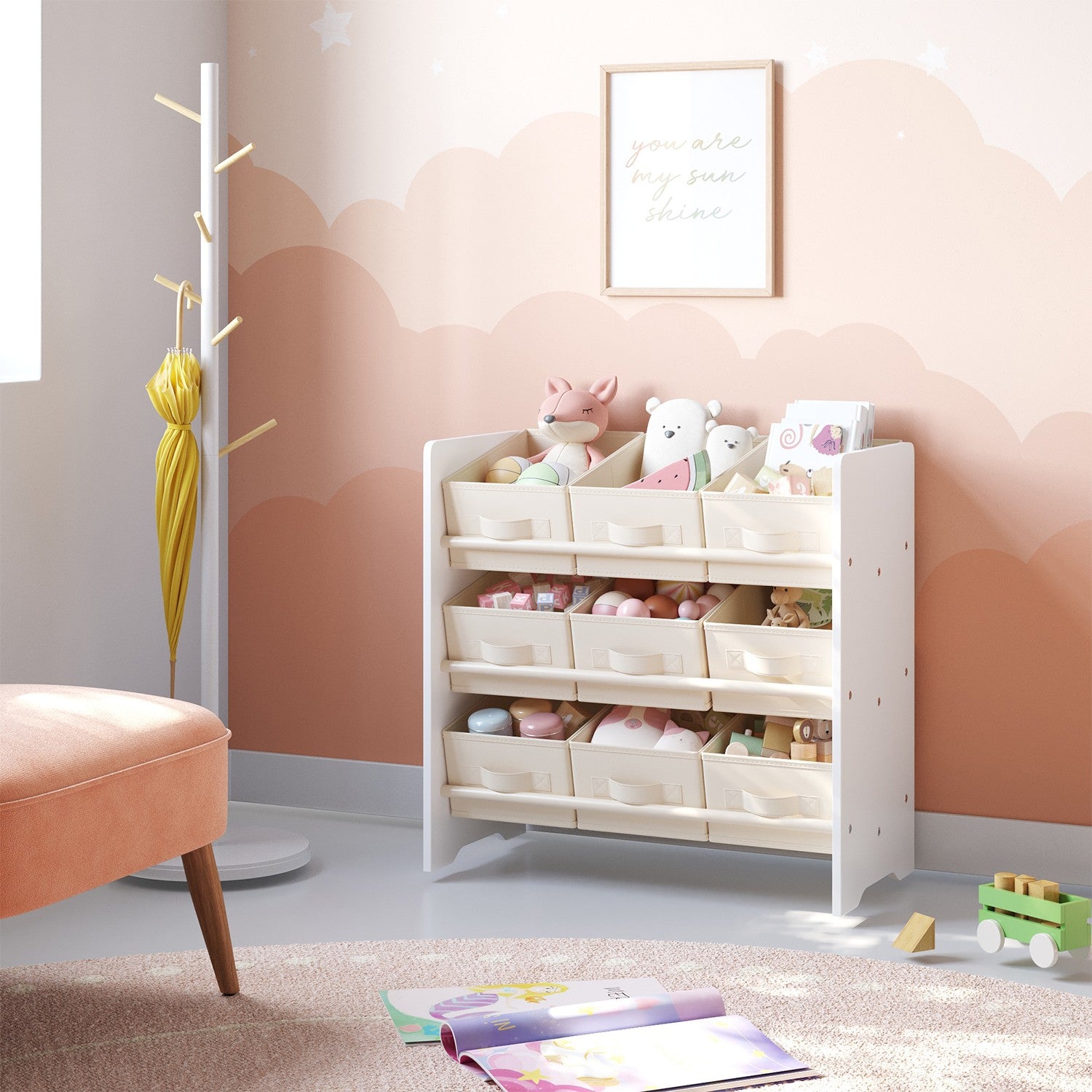 Bookcase with 9 fabric storage boxes - Organizer board with courses