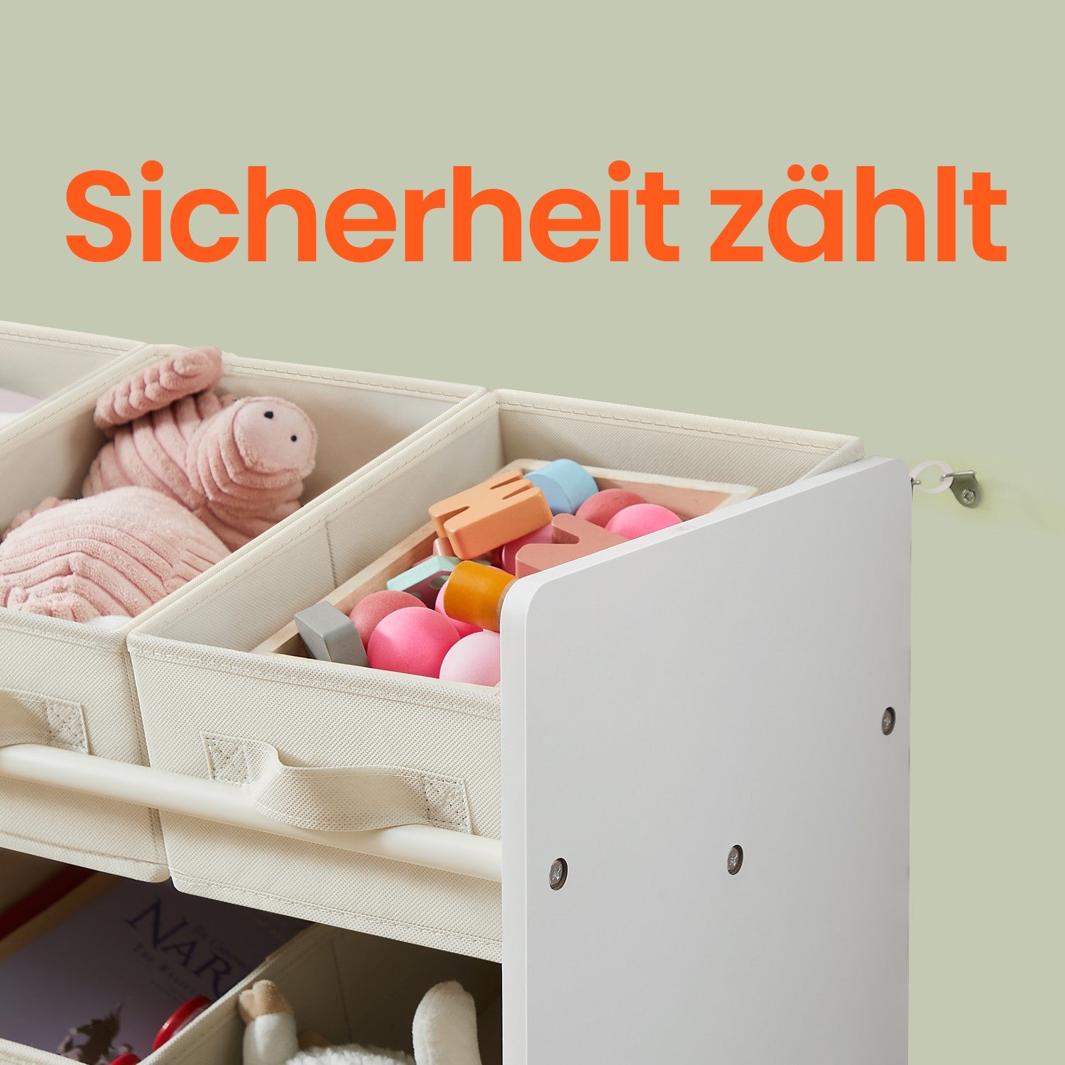 Bookcase with 9 fabric storage boxes - Organizer board with courses