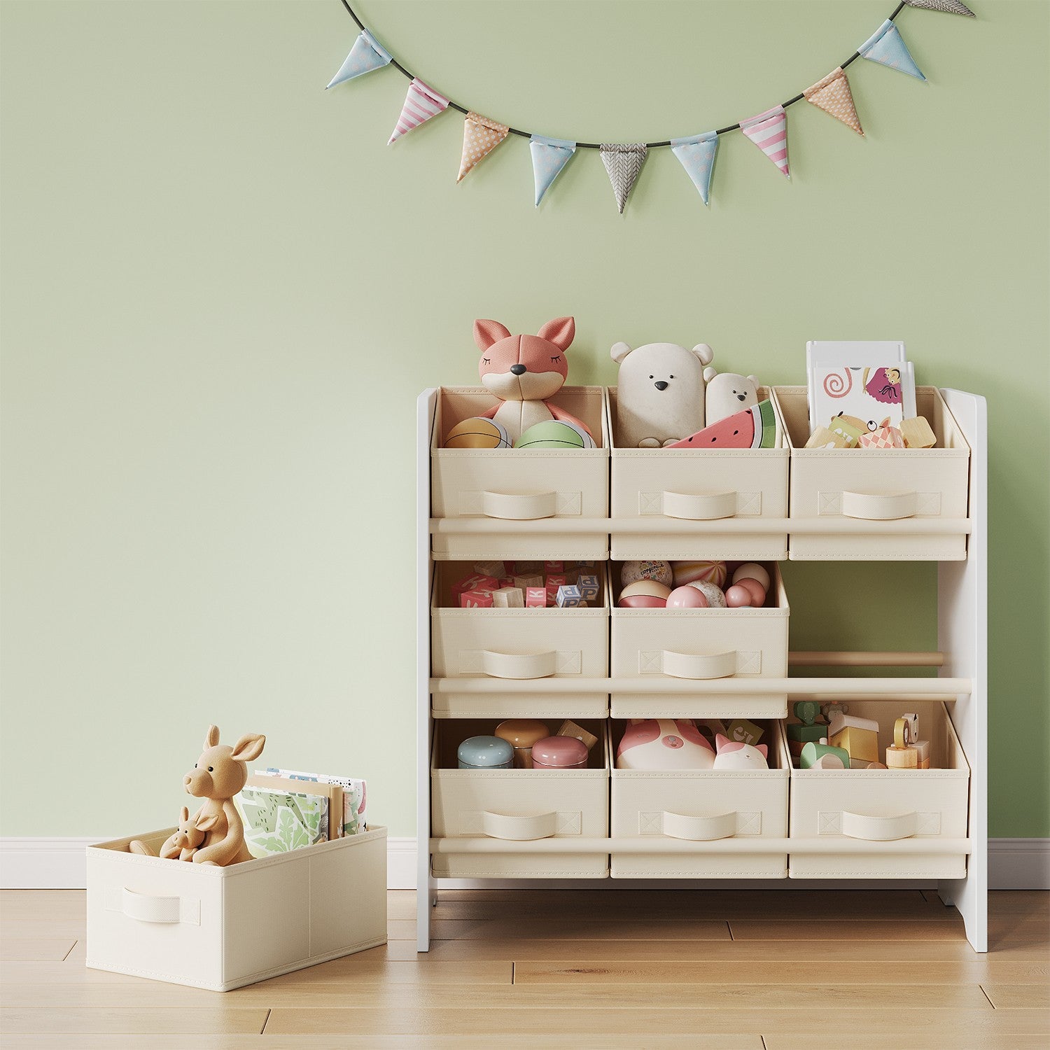 Bookcase with 9 fabric storage boxes - Organizer board with courses