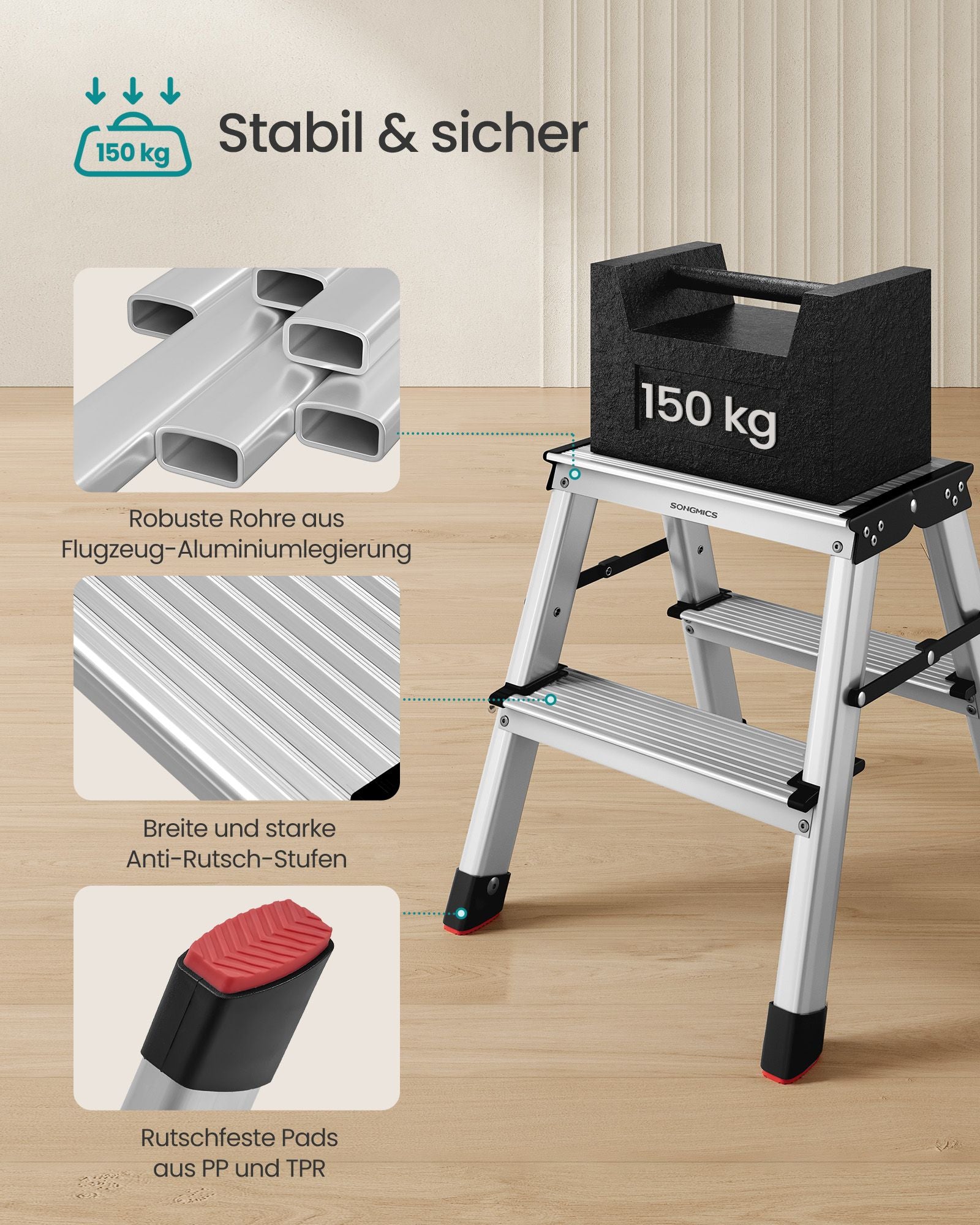 Ladder-with 2 non-slip steps-silver-gray-ink black