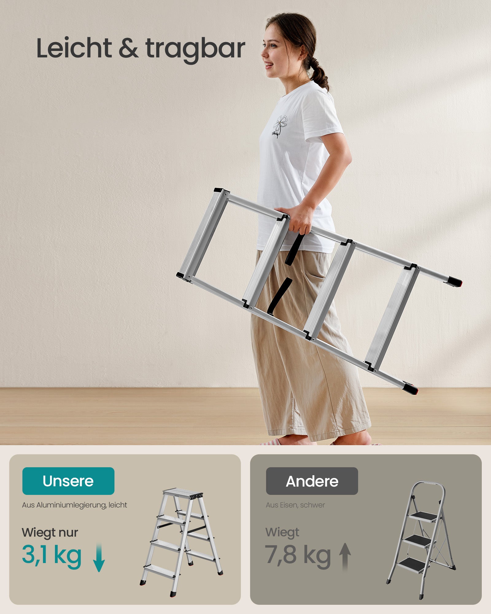 Ladder-with 4 non-slip steps-silver-gray-ink black