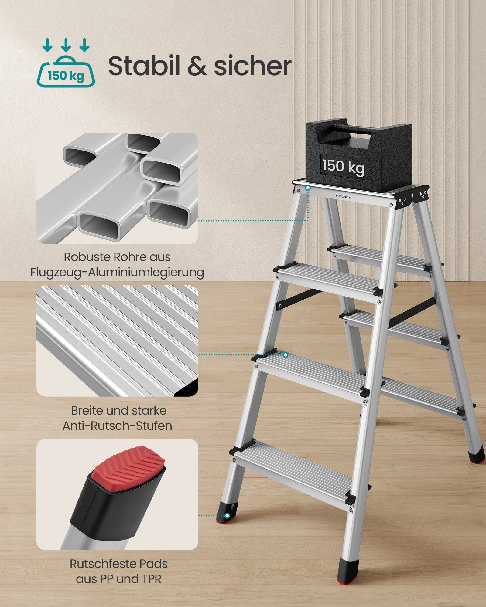 Ladder-with 4 non-slip steps-silver-gray-ink black