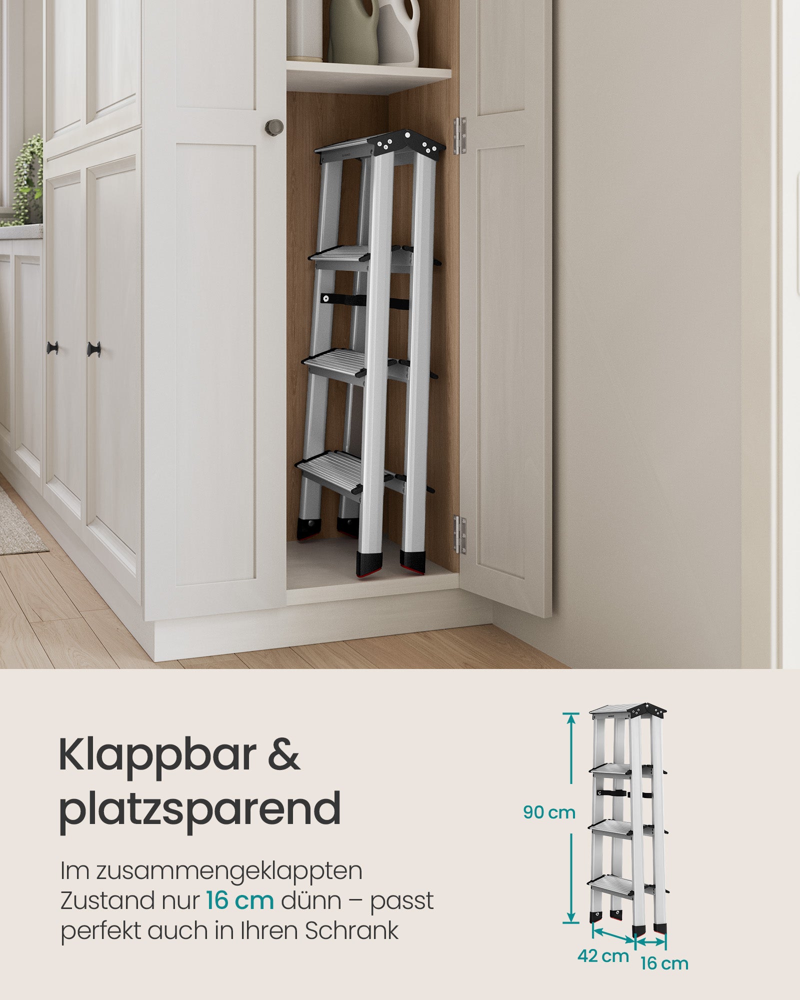 Ladder-with 4 non-slip steps-silver-gray-ink black