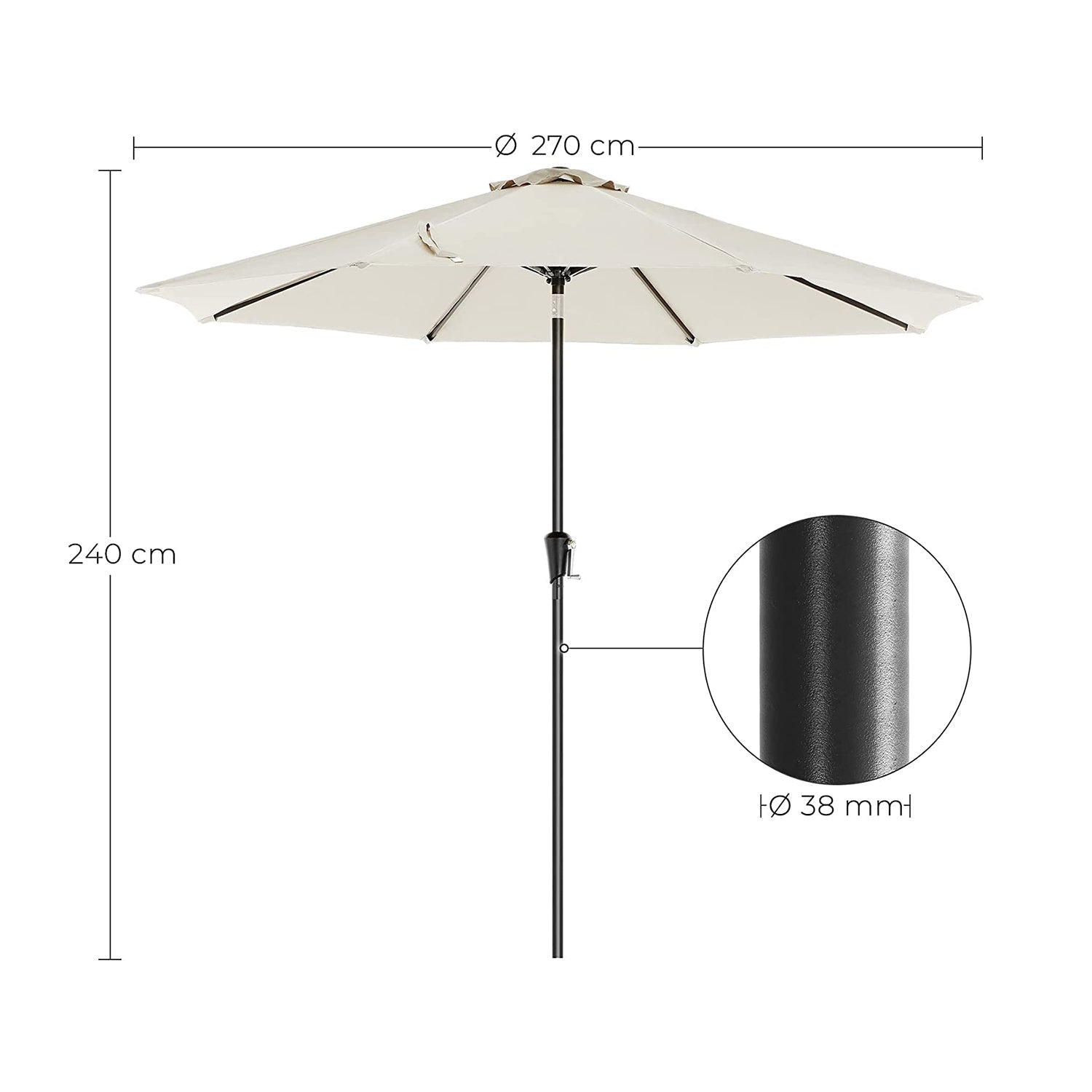 Parasol - Garden parasol - Ø 270 cm - Tiltable - With crank - Beige