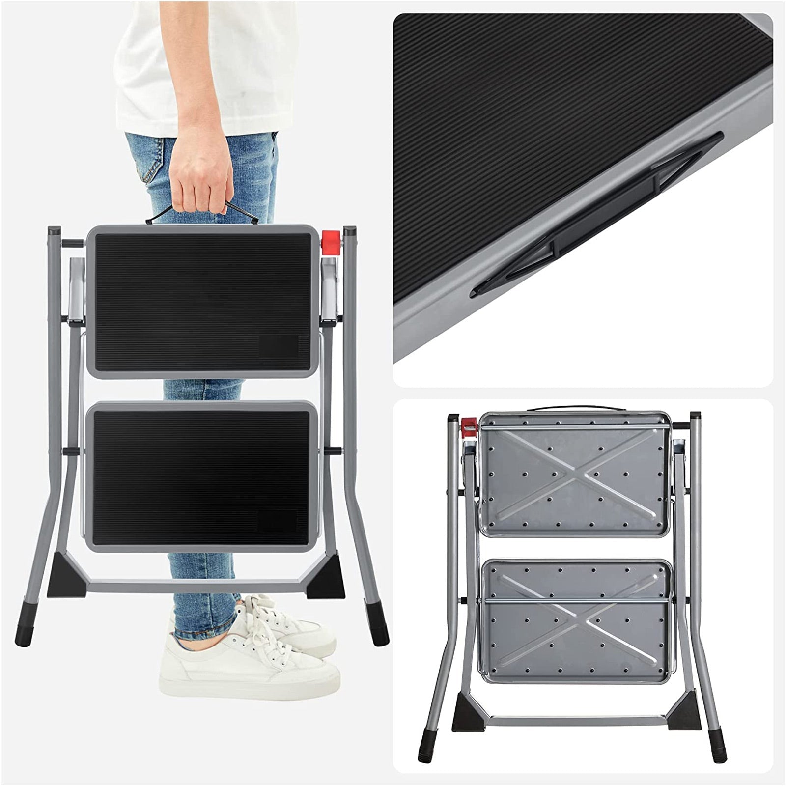 Stairladder - Metal frame - 2 steps - Anti -slip - Gray