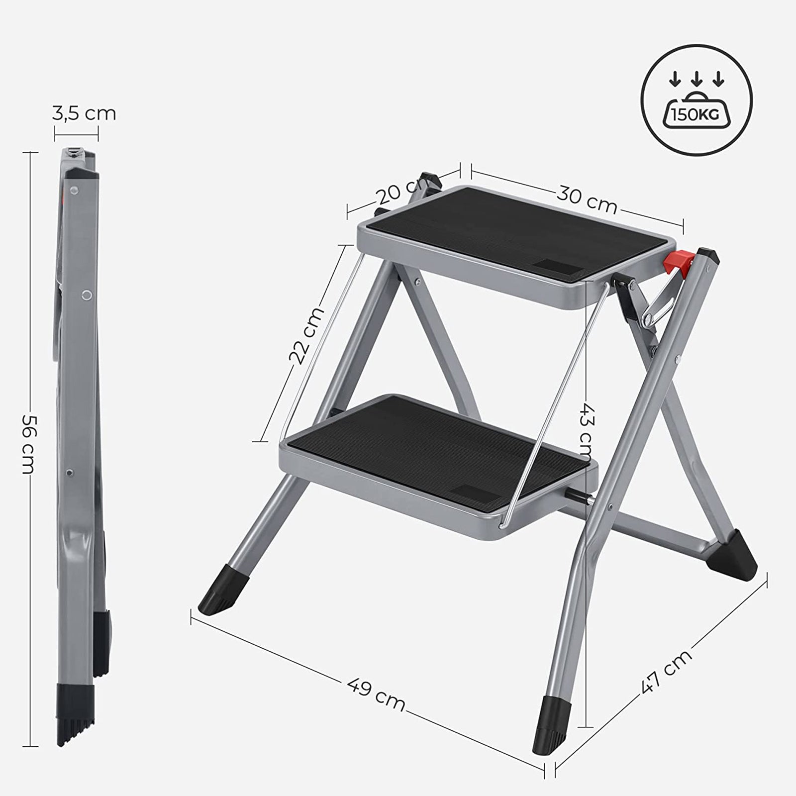 Stairladder - Metal frame - 2 steps - Anti -slip - Gray