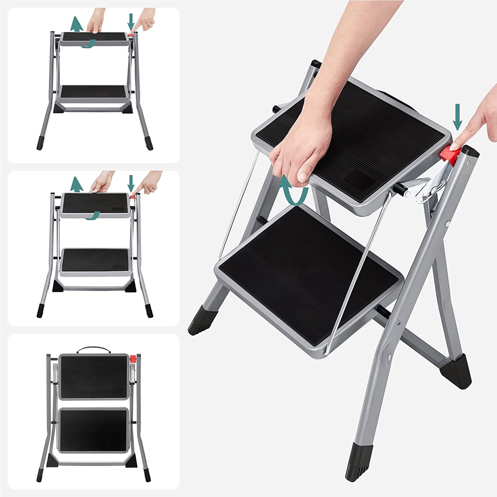 Stairladder - Metal frame - 2 steps - Anti -slip - Gray
