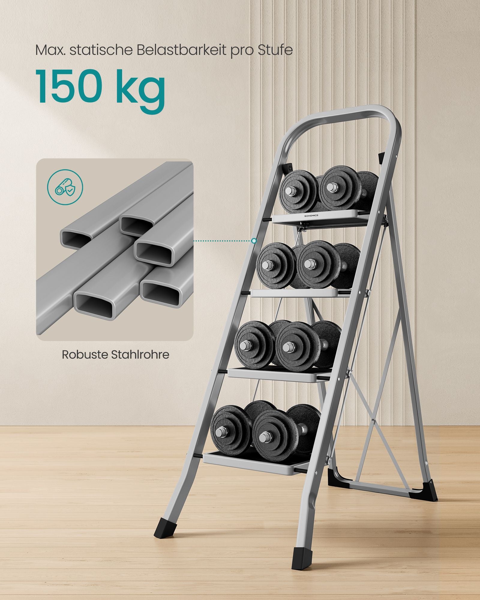 Stairladder - with 4 steps - load capacity of up to 150 kg - pigeon gray