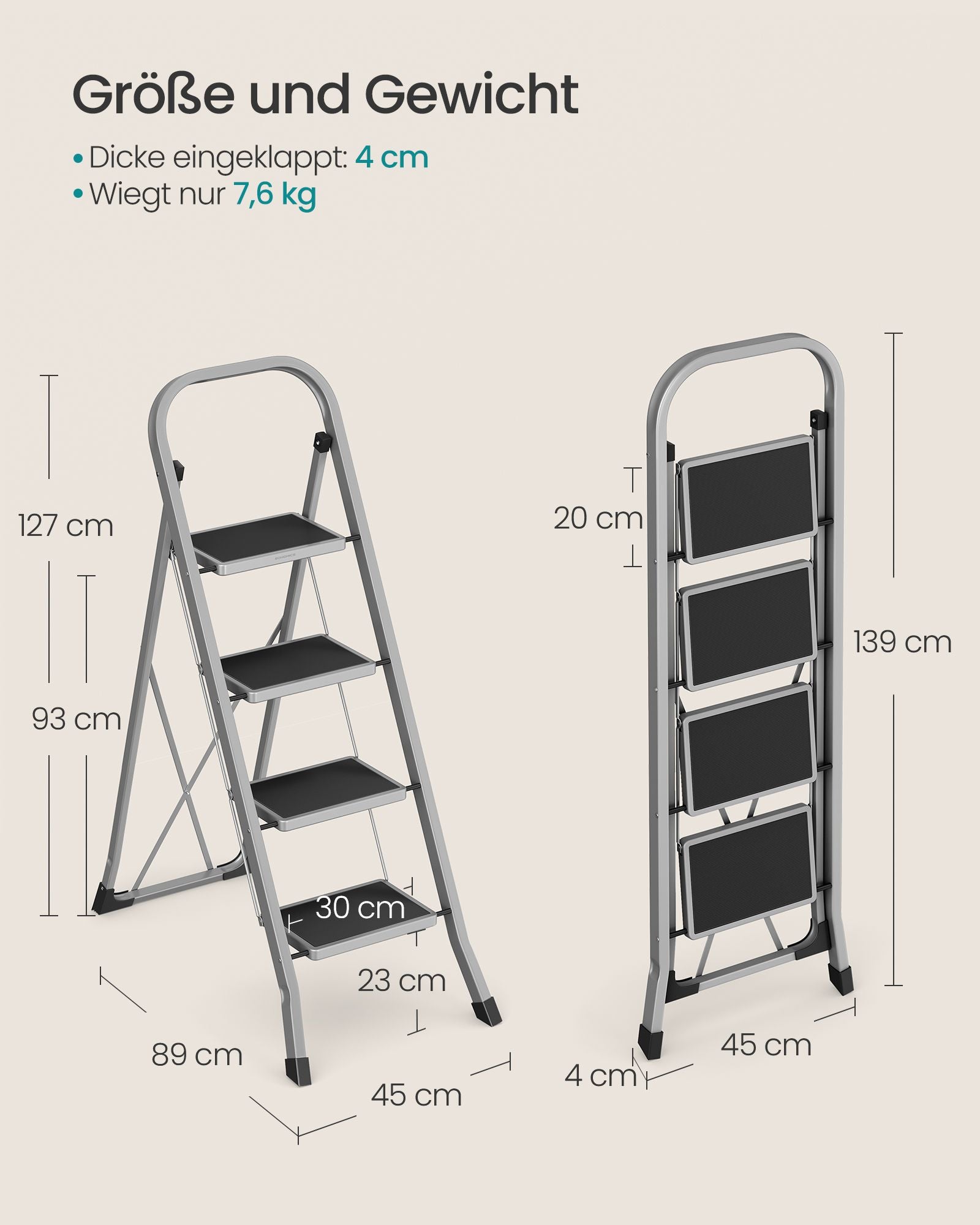 Stairladder - with 4 steps - load capacity of up to 150 kg - pigeon gray