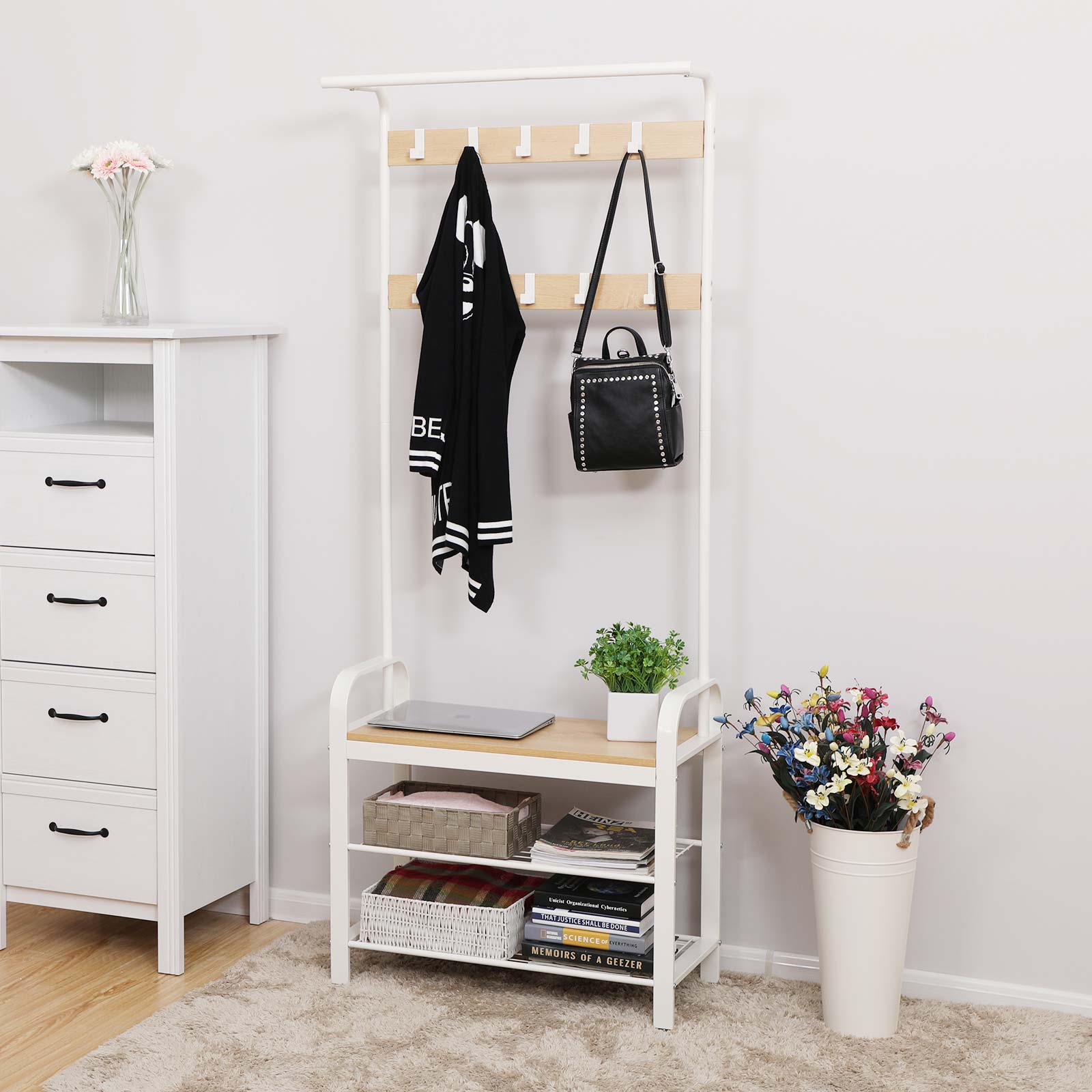 Coat rack - Shoe rack with bench - Industrial - White/Naturel