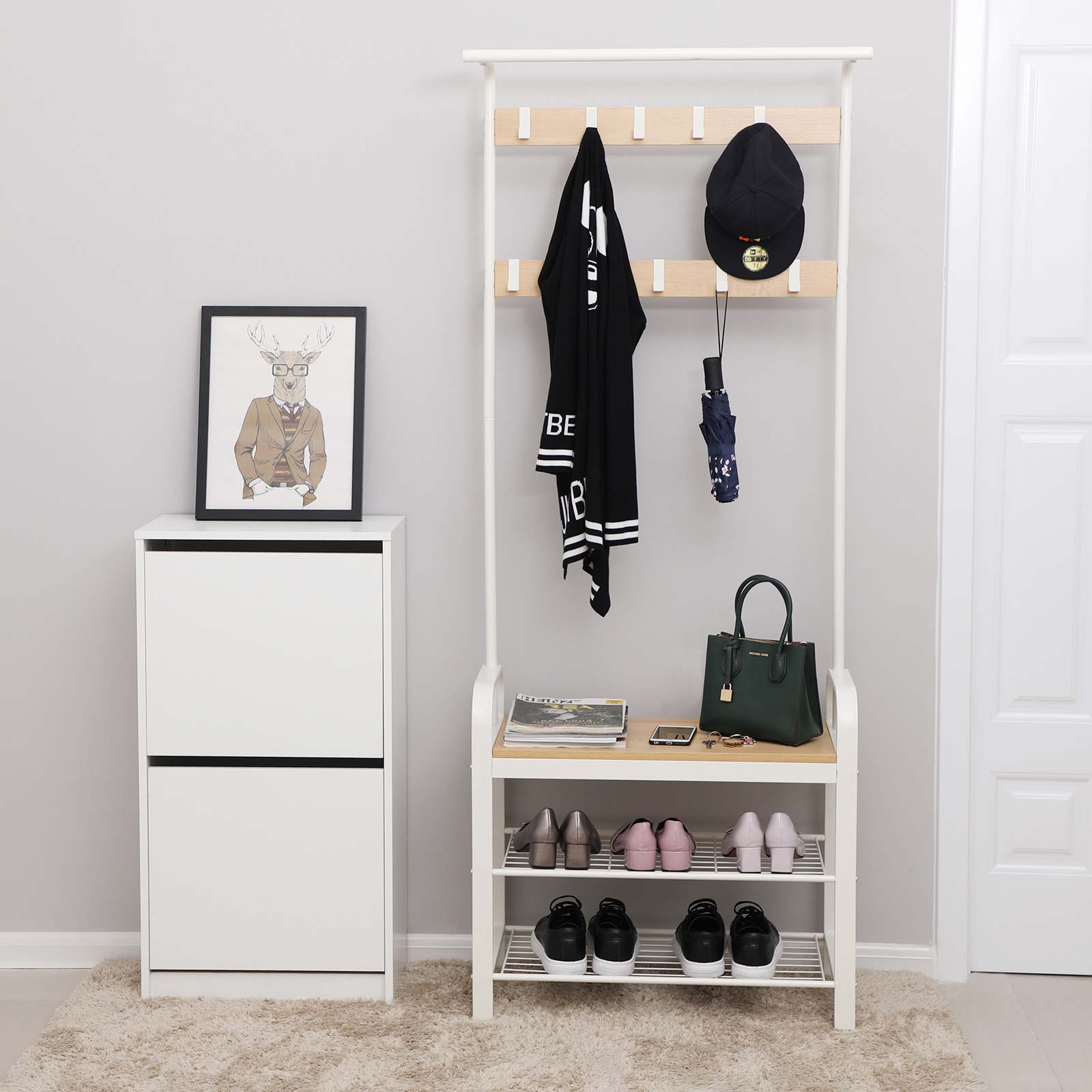 Coat rack - Shoe rack with bench - Industrial - White/Naturel