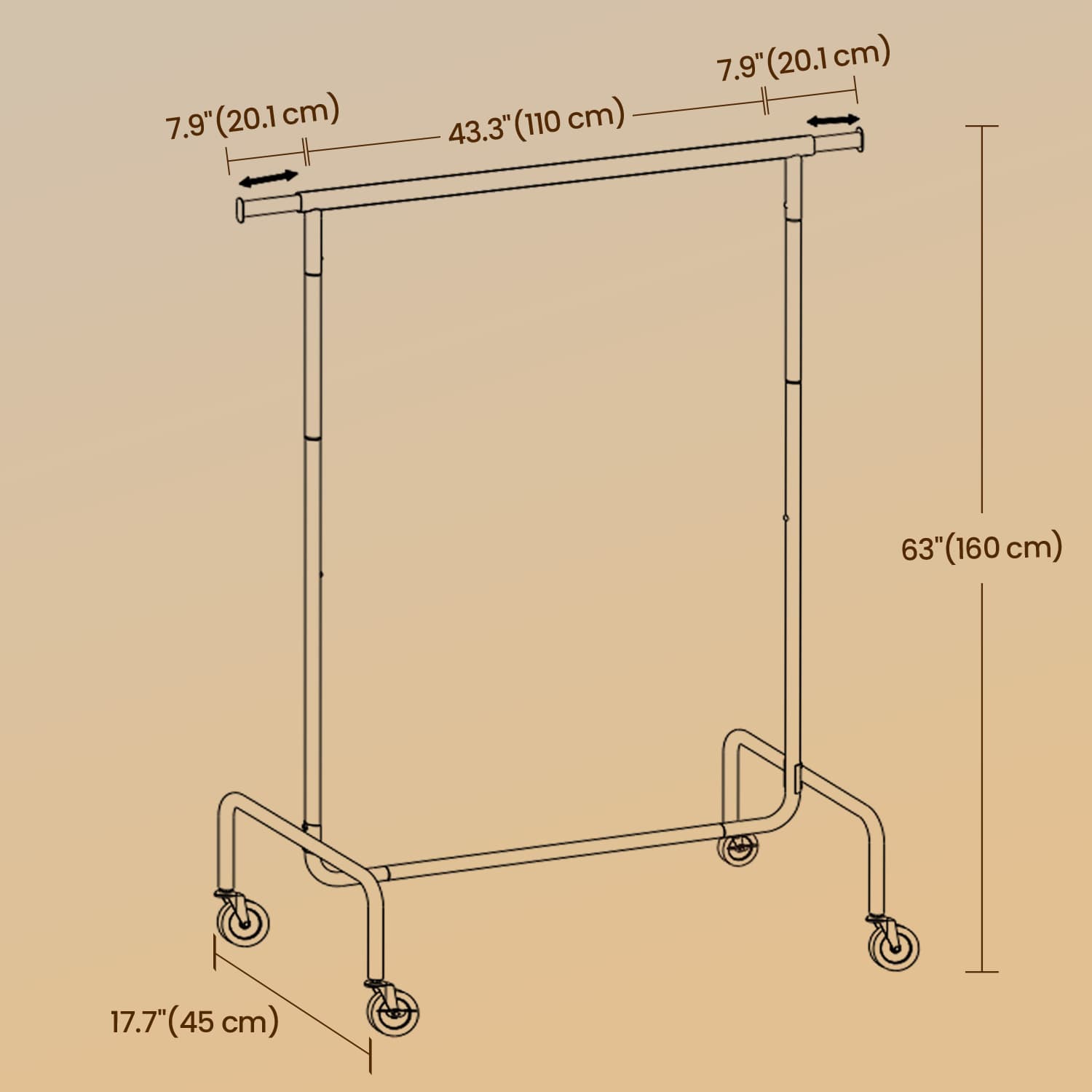 Clothing rack with wheels - extendable - up to 130 kg - sturdy model