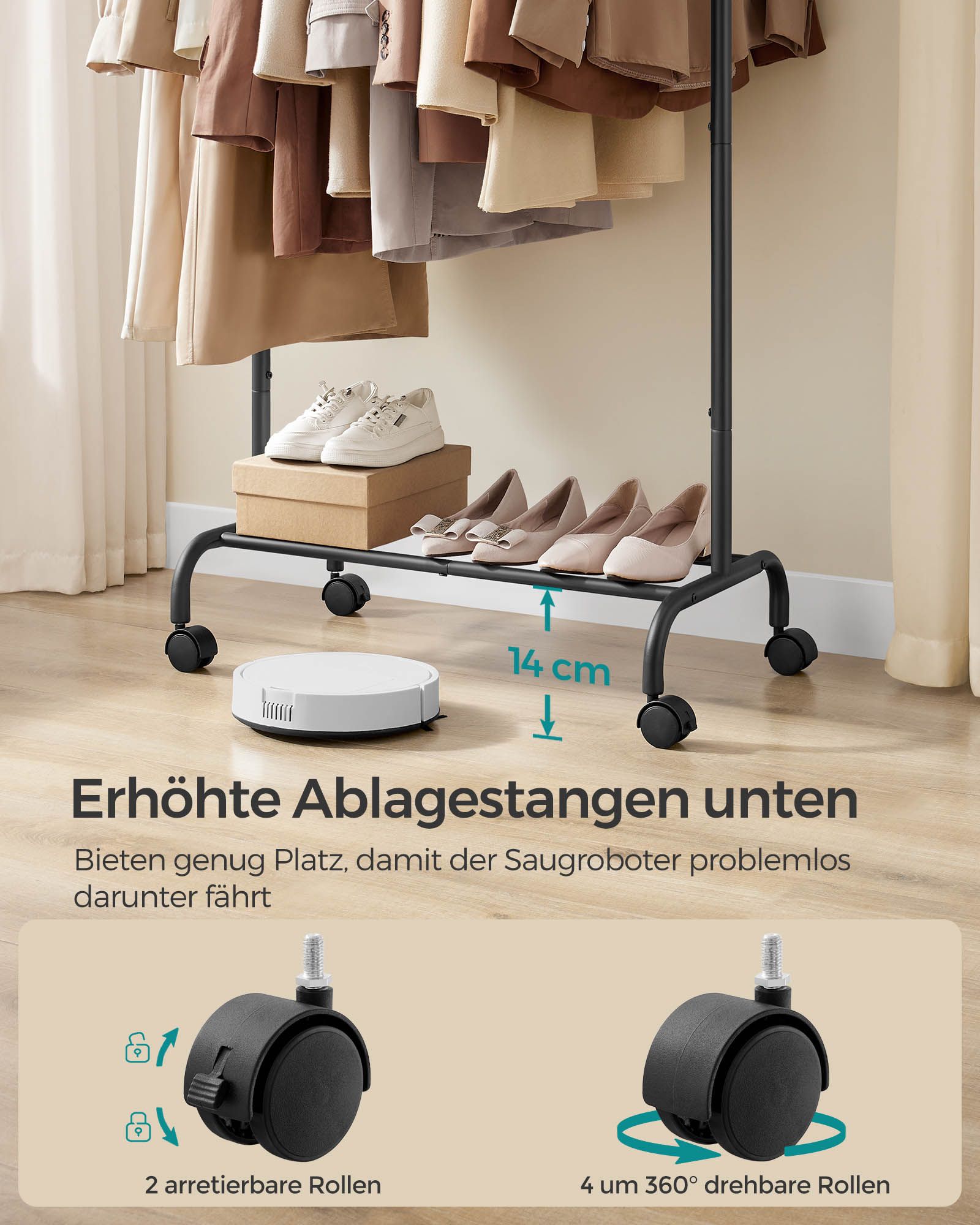 Clothing rack on wheels with a load capacity of up to 45 kg, ink black