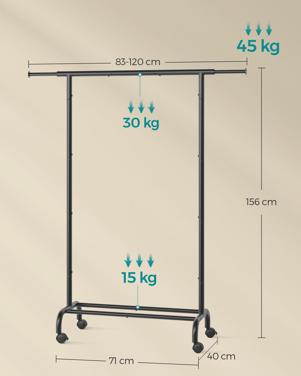 Clothing rack on wheels with a load capacity of up to 45 kg, ink black